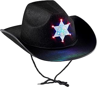 Black Sheriff Hat for Kids Boys and Girls - Light Up Cowboy Hat with Sheriff Blinking Badge and Draw String for Dress-Up and Play Costume Parties