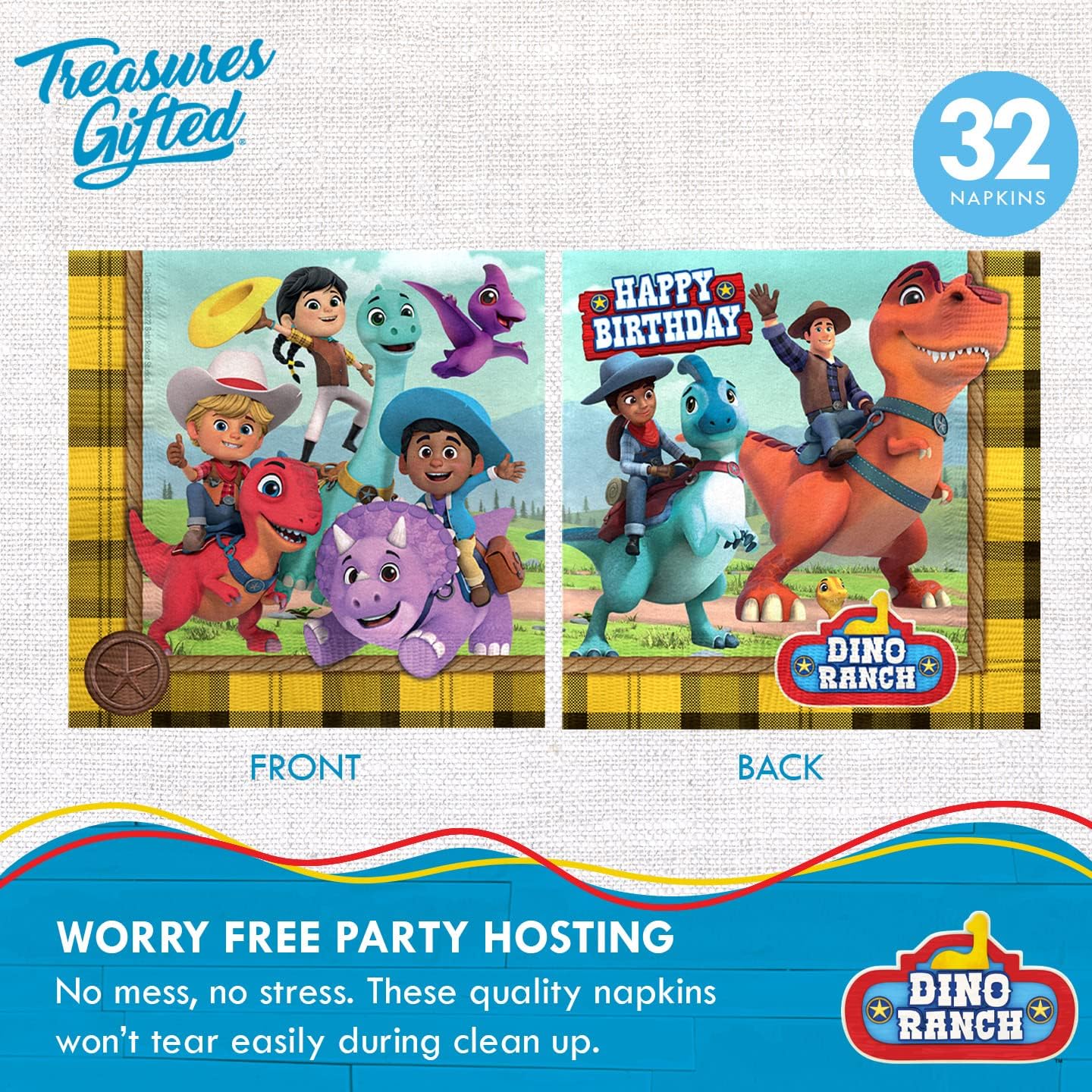 Treasures Gifted Dino Ranch Birthday Decorations - Serves 24 Guests - Complete Set of Dino Ranch Party Supplies - Plates, Banners, Napkins, and Tablecloth