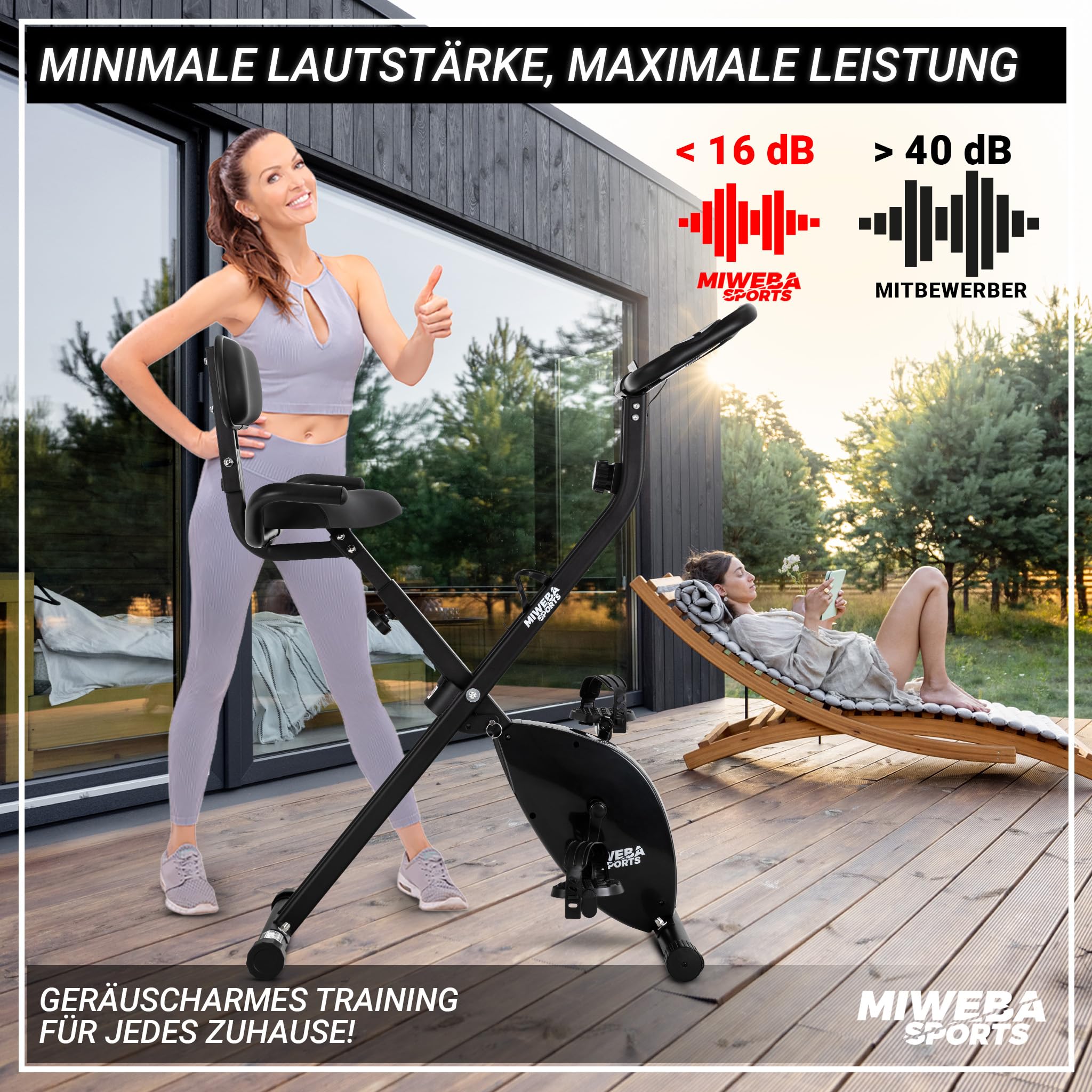 Miweba Sports Heimtrainer Fahrrad klappbar | Hometrainer leise bis 150 kg mit Komfort-Sattel | Ergometer Pedaltrainer Beintrainer Fitnessbikes Indoor Bike Home Trainer Fitness Fahrrad für Zuhause
