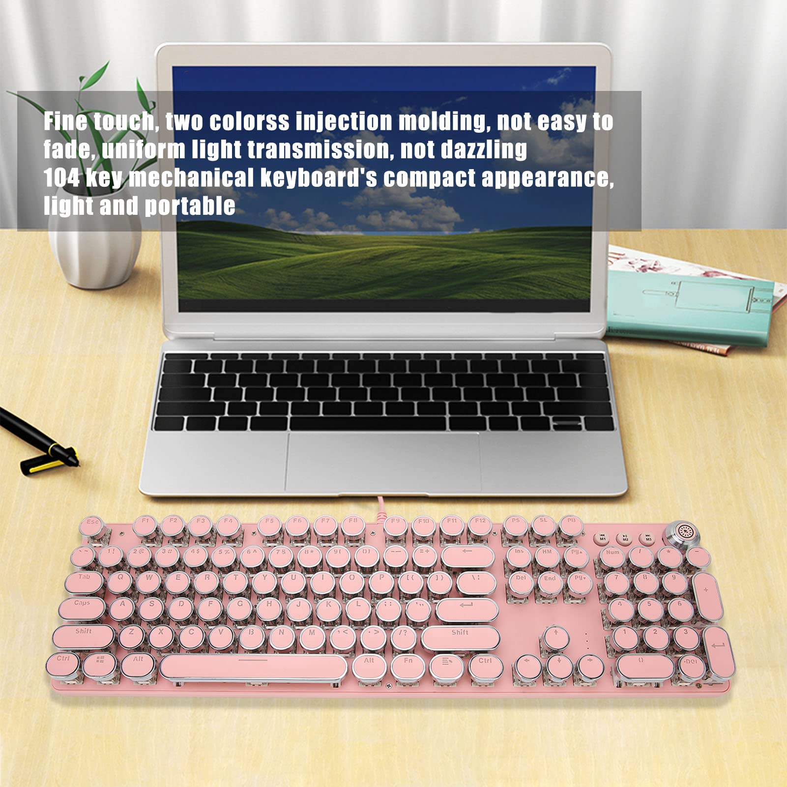 ASHATA Clavier Mécanique de Jeu, Style Machine à écrire Punk Rétro, Clavier de Jeu Filaire 104 Touches, 9 Modes D'éclairage, pour Ordinateur de Bureau Portable PC(902-7 Punk Rose)
