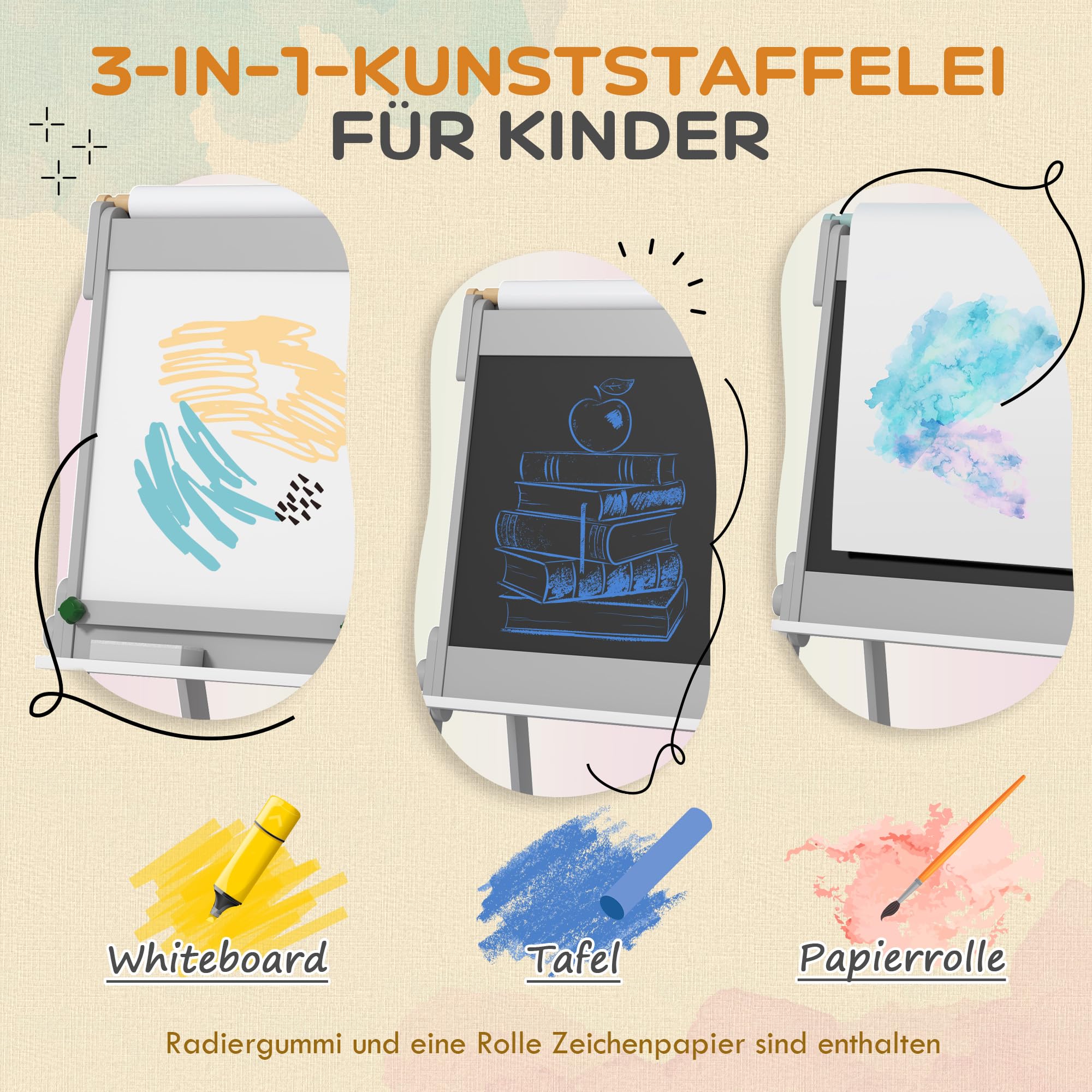 AIYAPLAY Tablica dziecięca 3 w 1, dwustronna sztaluga dla dzieci z tablicą do pisania kredą, suchościeralnością, sztaluga z gumką do ścierania, papier do rysowania, pudełka do przechowywania, dla