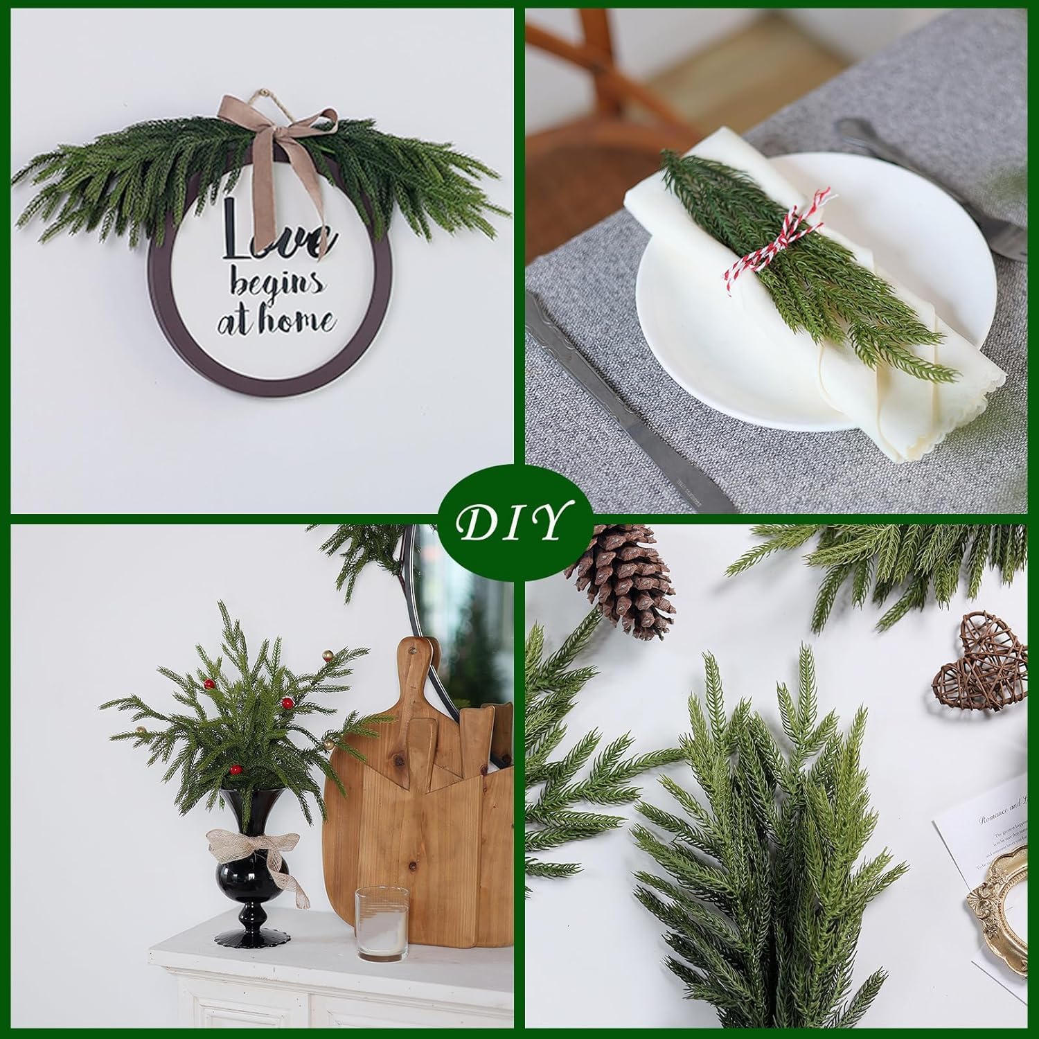 Norfolk-Kiefernzweige mit künstlichen grünen Stielen, 45 cm, fühlen sich echt an, für Vasen, Bastelarbeiten, Kranz, Weihnachtsdekoration, 32 Stück