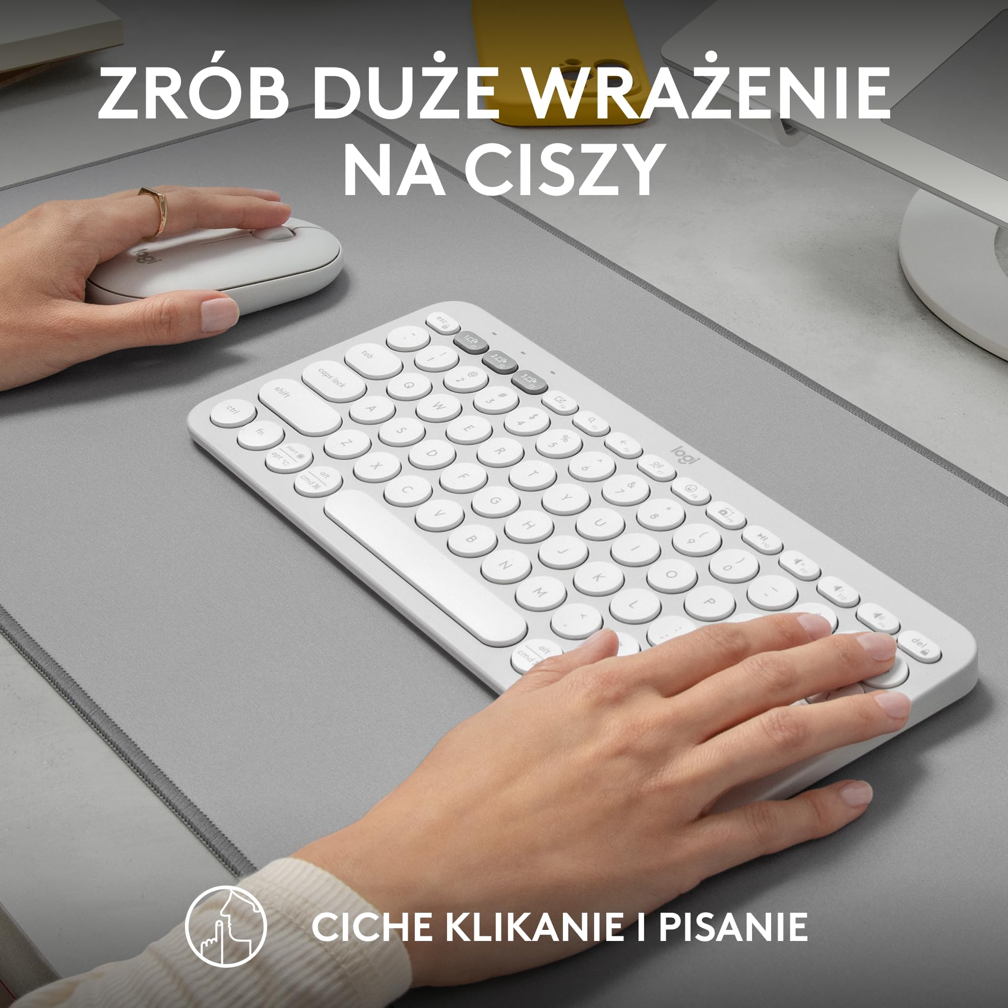 Logitech Pebble 2 Combo, Bezprzewodowa klawiatura i mysz, cicha i przenośna, personalizowana, Logi Bolt, Bluetooth, Easy-Switch dla Windows, macOS, iPadOS, Chrome,QWERTY układ US international, Biały