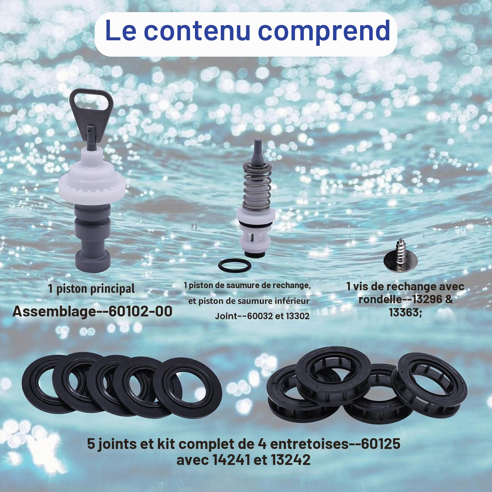 Kit de rénovation de valve d'adoucisseur compatible avec Fleck 5600, comprend le piston principal adoucissant 60102-00, les joints et entretoises 60125, vis, piston de saumure 60032 et joint inférieur