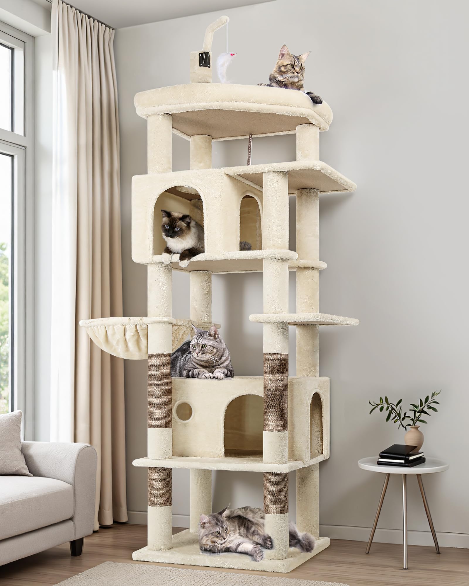 Globlazer Árbol Rascador para Gatos Beige Grande 188 cm Alto con 2 Nidos, Grande Plataforma Acolchada, Felpa Cesta, Peluche Juguetes, Estable Torre para Gatos Adultos Descansar Jugar (F74B, Beige)