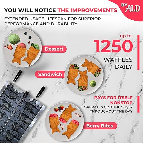 Miniatura 3 de ALDKitchen Taiyaki - Máquina para hacer gofres de pescado | Acero inoxidable | Antiadherente | 110 V (5 peces de boca abierta)