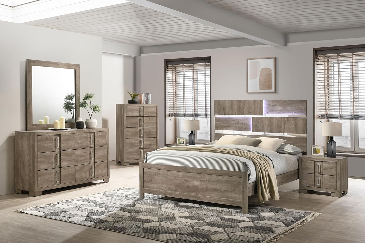Kings Brand Furniture Dawson Modern 6-Piece Queen Size Farmhouse Style Bedroom Set in Light Brown Finish - Bed with LED Lights, Dresser, Mirror, Chest & 2 Nightstands