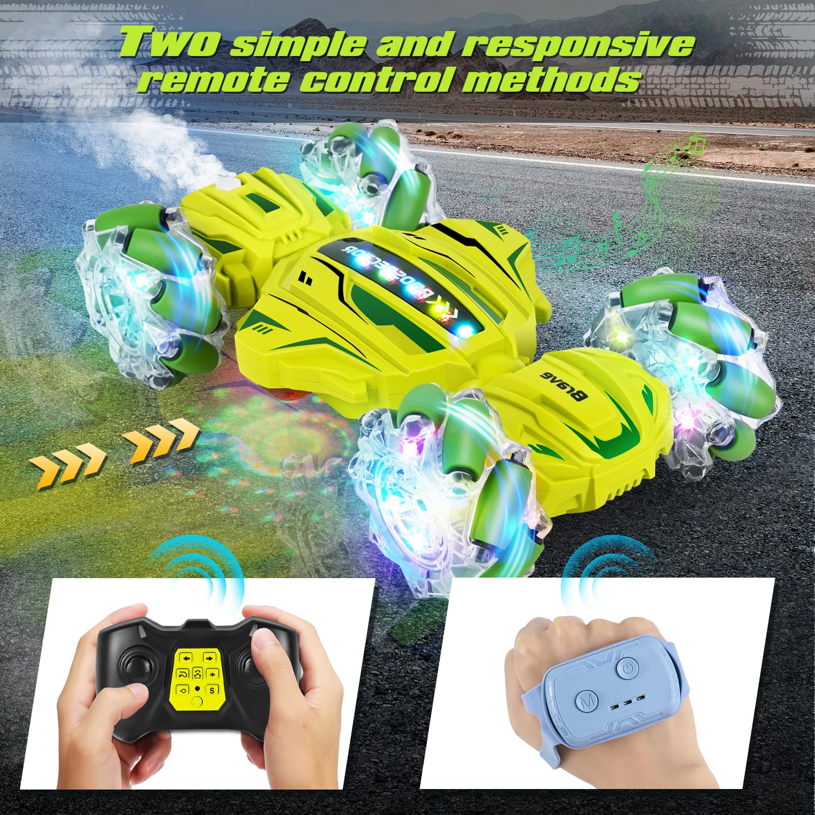 PATEMZON Voiture Télécommandée Tout Terrain, 4WD 2.4Ghz RC Stunt Car, Voiture télécommandée avec la Main, Lumière et Spray, Rotation à 360°, Cadeau pour Filles Garçons Enfants de 6 8 9+ Ans (Vert)