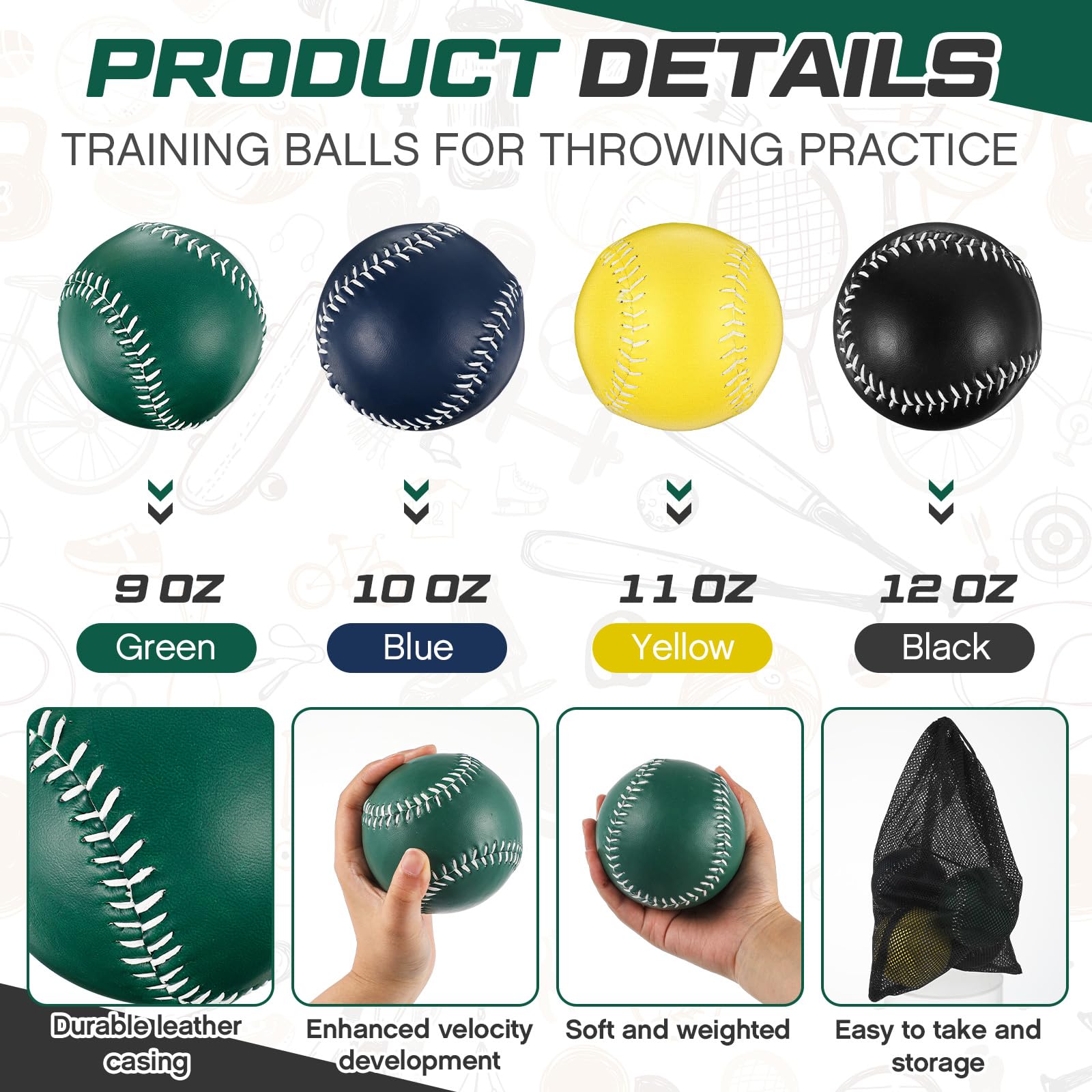 Arrowbash Juego de 4 pelotas de sóftbol con peso para entrenamiento de sóftbol con bolsa de cordón (verde, azul, amarillo, negro, 12 pulgadas)