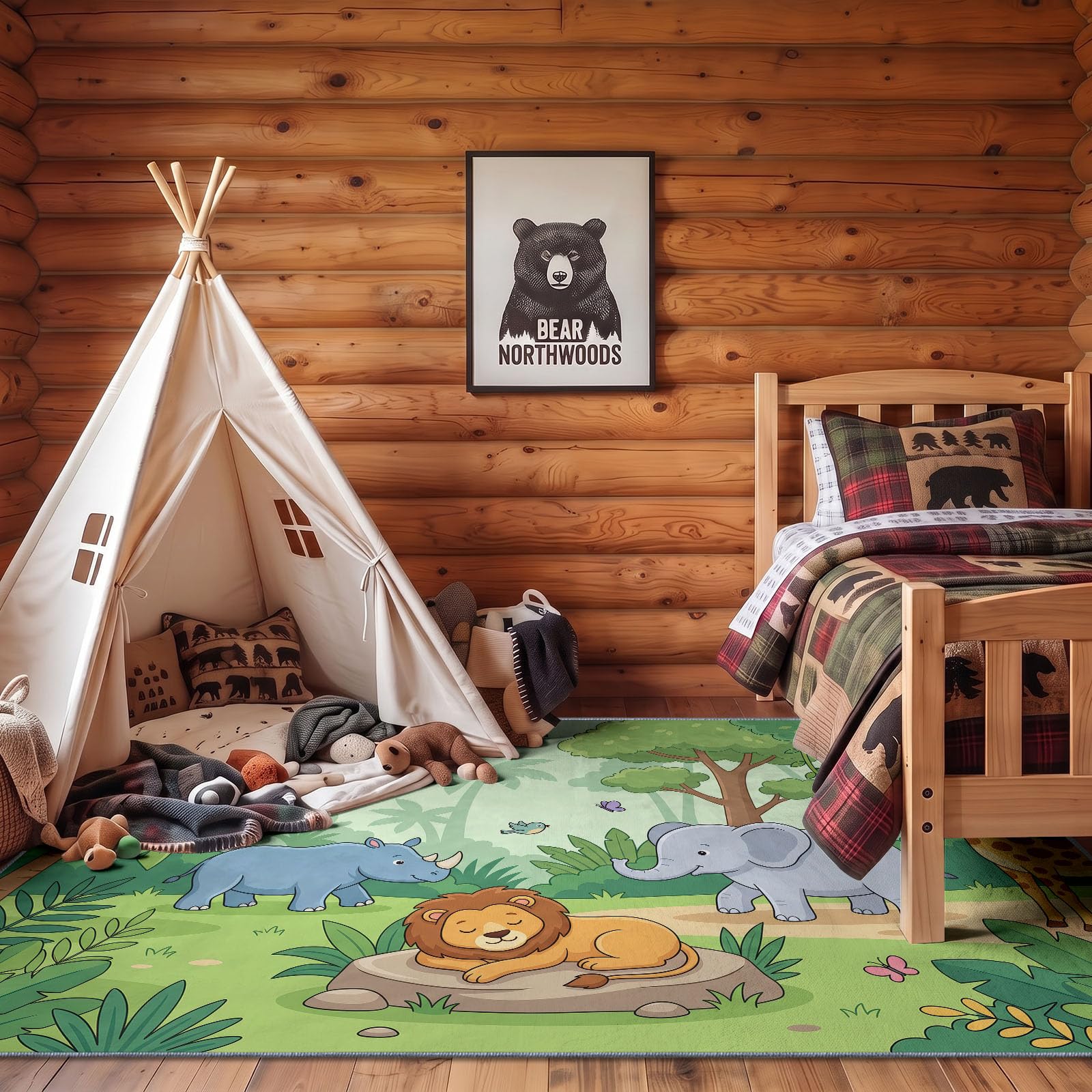 Tapis Salon Cartoon, Moquette Lavable en Machine, 90 x 120 cm | Animal Lion Éléphant Tapis avec Dessous Antidérapant, Tapise Décoratif pour Chambre, Cuisine, Entrée et Maison,Vert