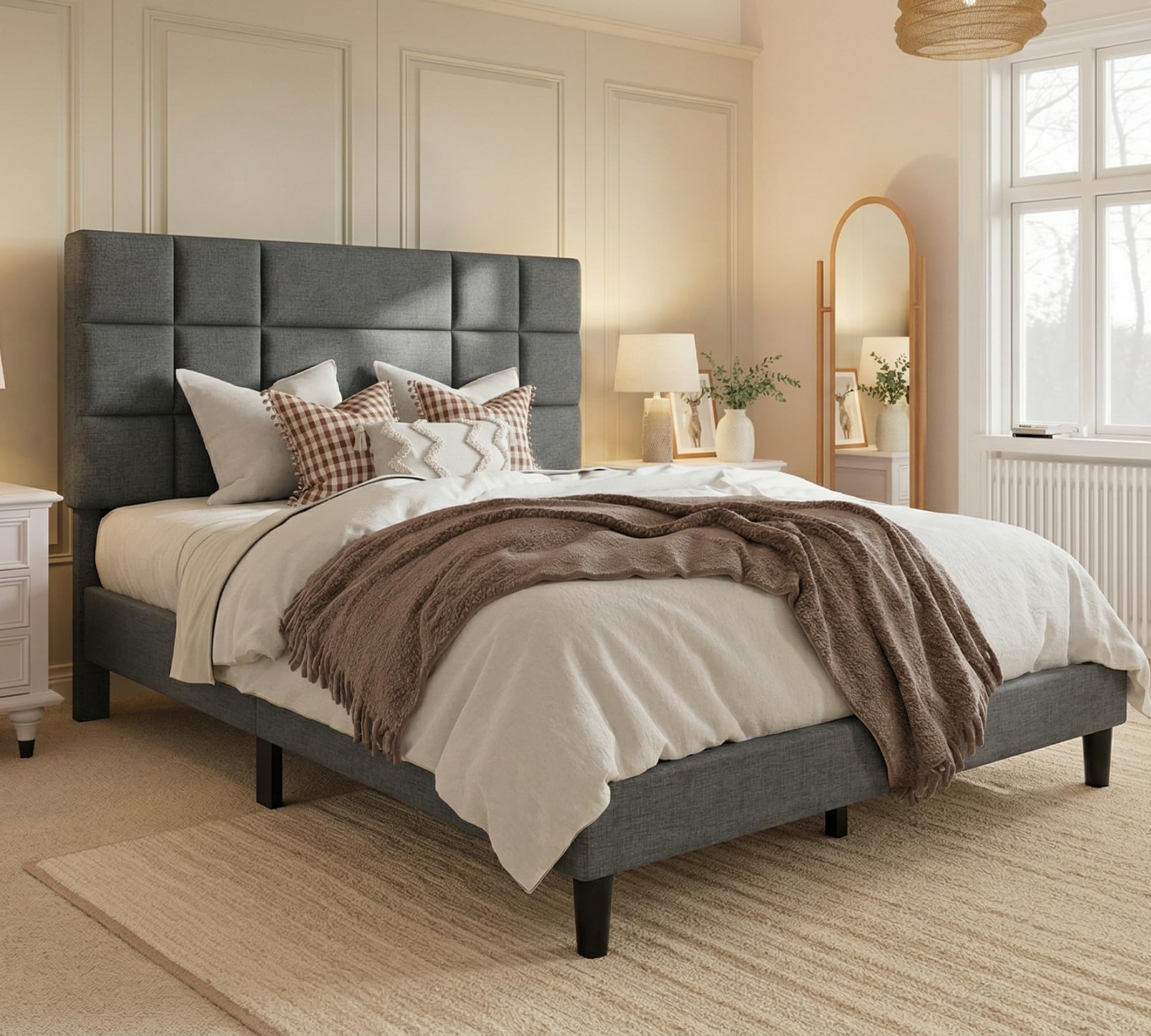 DWVO King Size Platform Bed Frame with Fabric Upholstered Headboard Mattress Foundation with Wooden Slat Support Noise Free