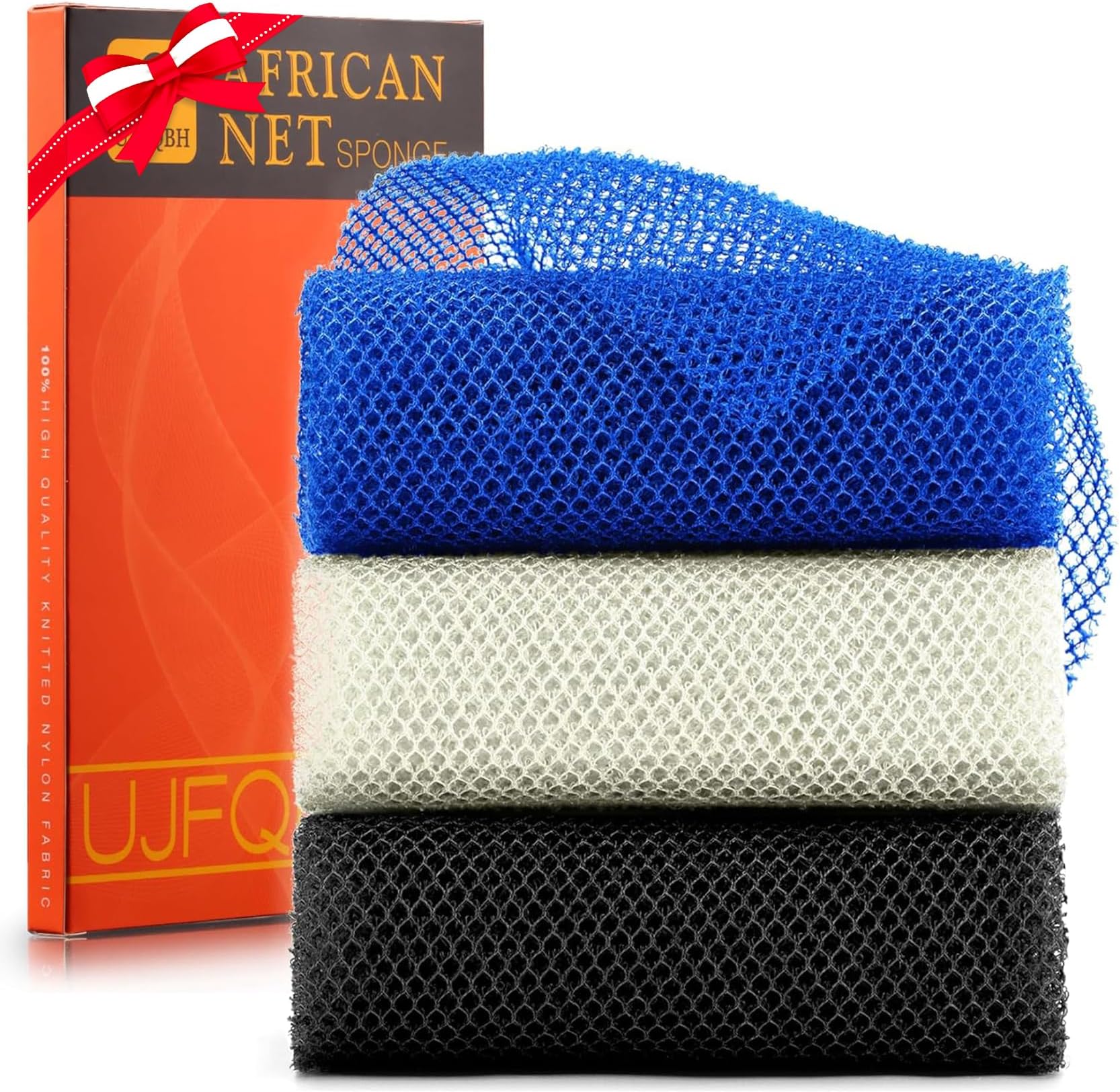 3 Pieces African Bath Sponge African Net Long Net Bath Sponge Exfoliating Shower Body Scrubber Back Scrubber Skin Smoother,Great for Daily Use(Blue,Black,Off-White)
