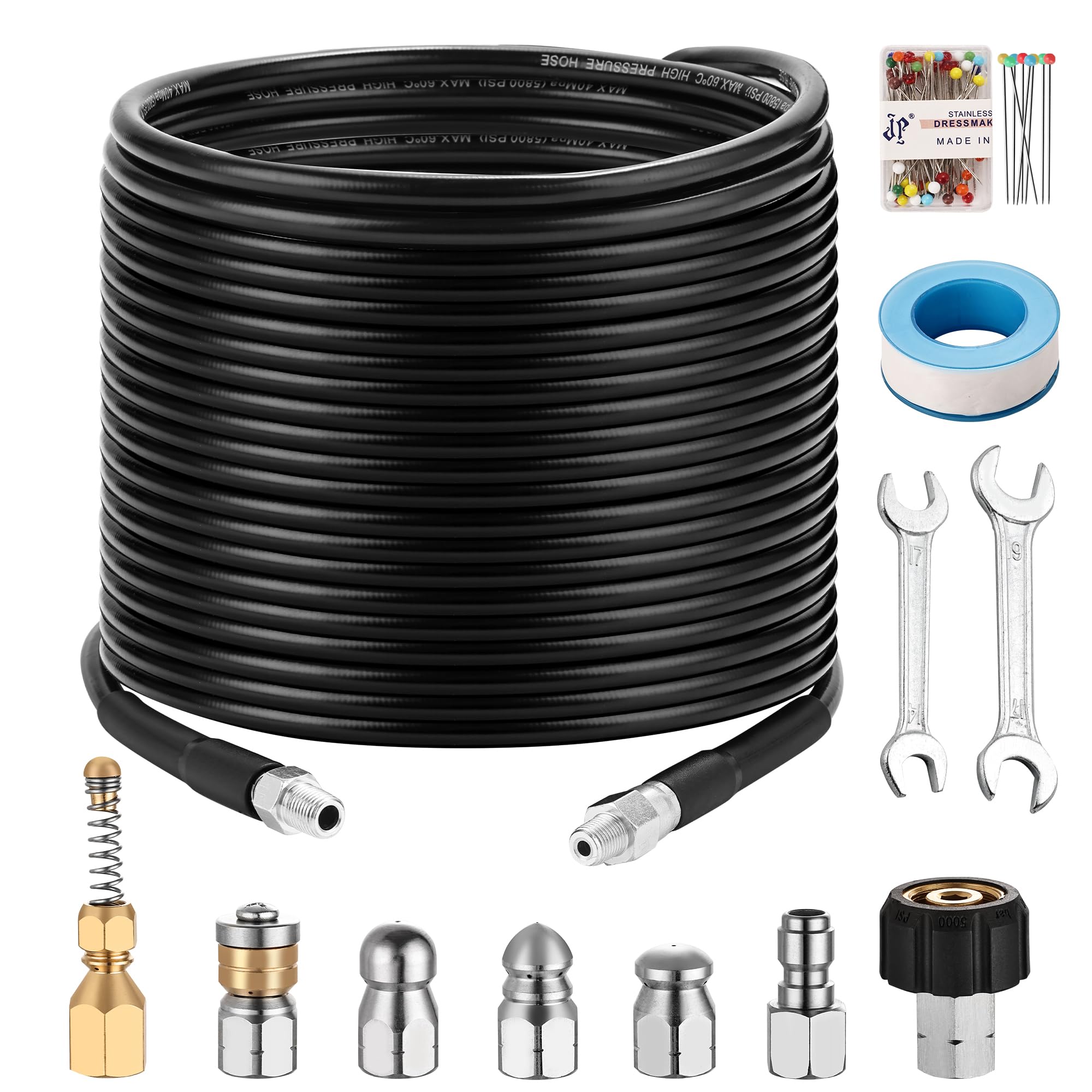 Pressure Washer Sewer Jetter Kits,75Ft X1/4" Hydro Drain Jetter Cleaner Hose, Rotating and Button Nose Sewer Jetting Nozzles Waterproof Tape,Orifice 4.0 4.5,1/4 Inch NPT,5800 PSI