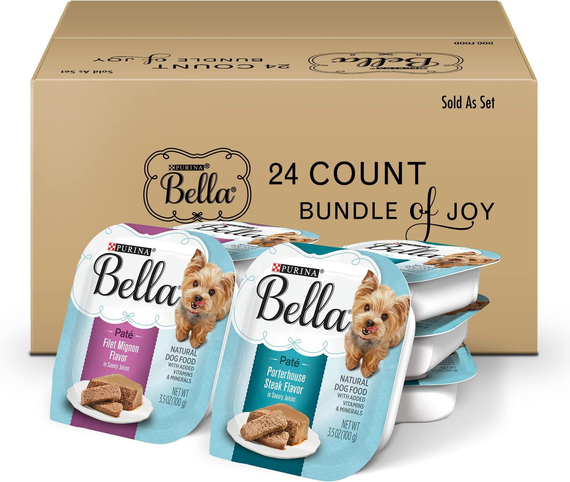 Purina Bella Natural Small Breed Pate Wet Dog Food Variety Pack, Filet Mignon & Porterhouse Steak in Juices - (24) 3.5 oz. Trays