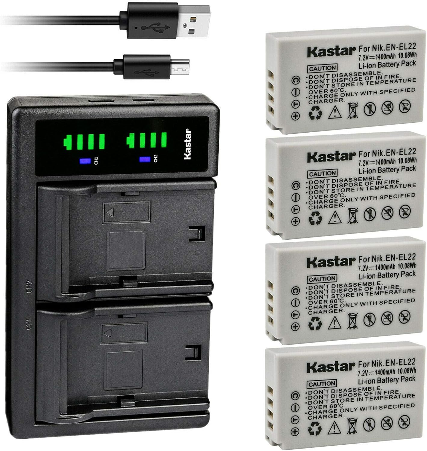 Kastar 4-Pack Battery & LTD2 USB Charger (7.2V, 1400mAh) for Nikon EN-EL22, MH-29, J4 & S2 Digital Cameras (8.4V, 800mA)