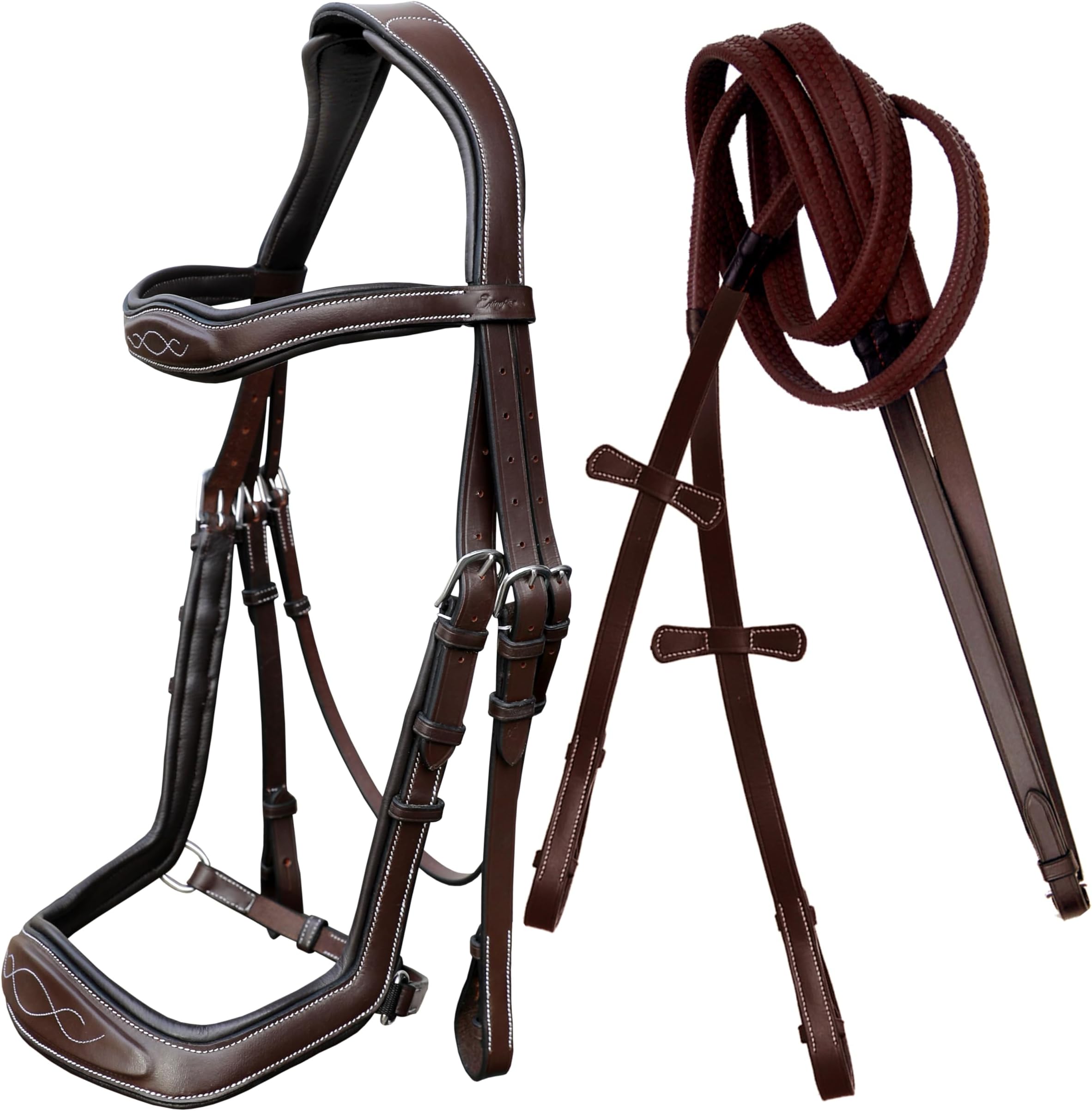 Exion Anti-Pressure Anatomic English Jumping Leather Horse Padded Bridle with Reins | Black, Brown | Full, Cob, Over, Pony Size