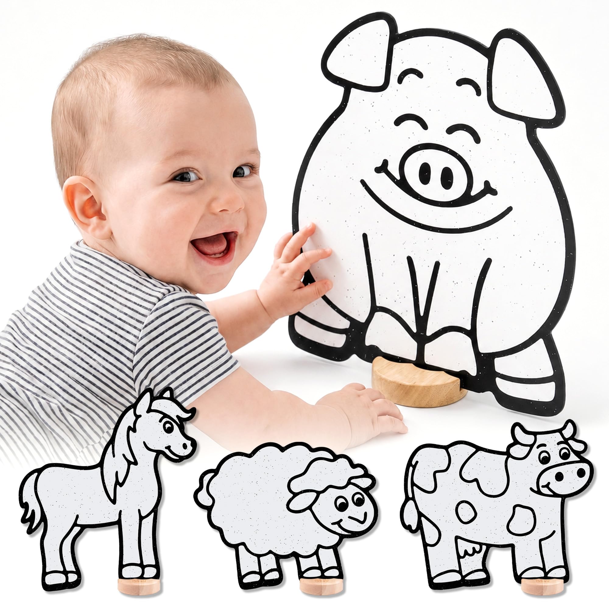 Kontrastreiche schwarz-weiße 3D-Farmtiere – baut Baby Vision Bücher & Karten nicht auf. Dann Kleinkind-Motorik für die Schule Nachfärbbares Pferd, Schwein, Kuh, Schaf + 10 Buntstifte