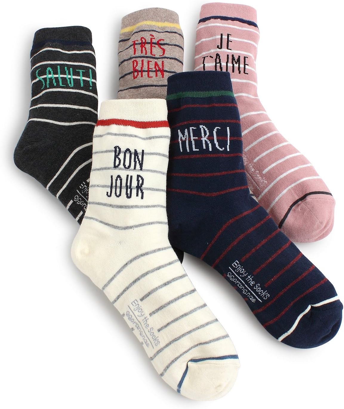 IntypeBest Fashion Socks Collection With Pouch (US 6-8.5) (Crew(Bonjour) 5pairs)