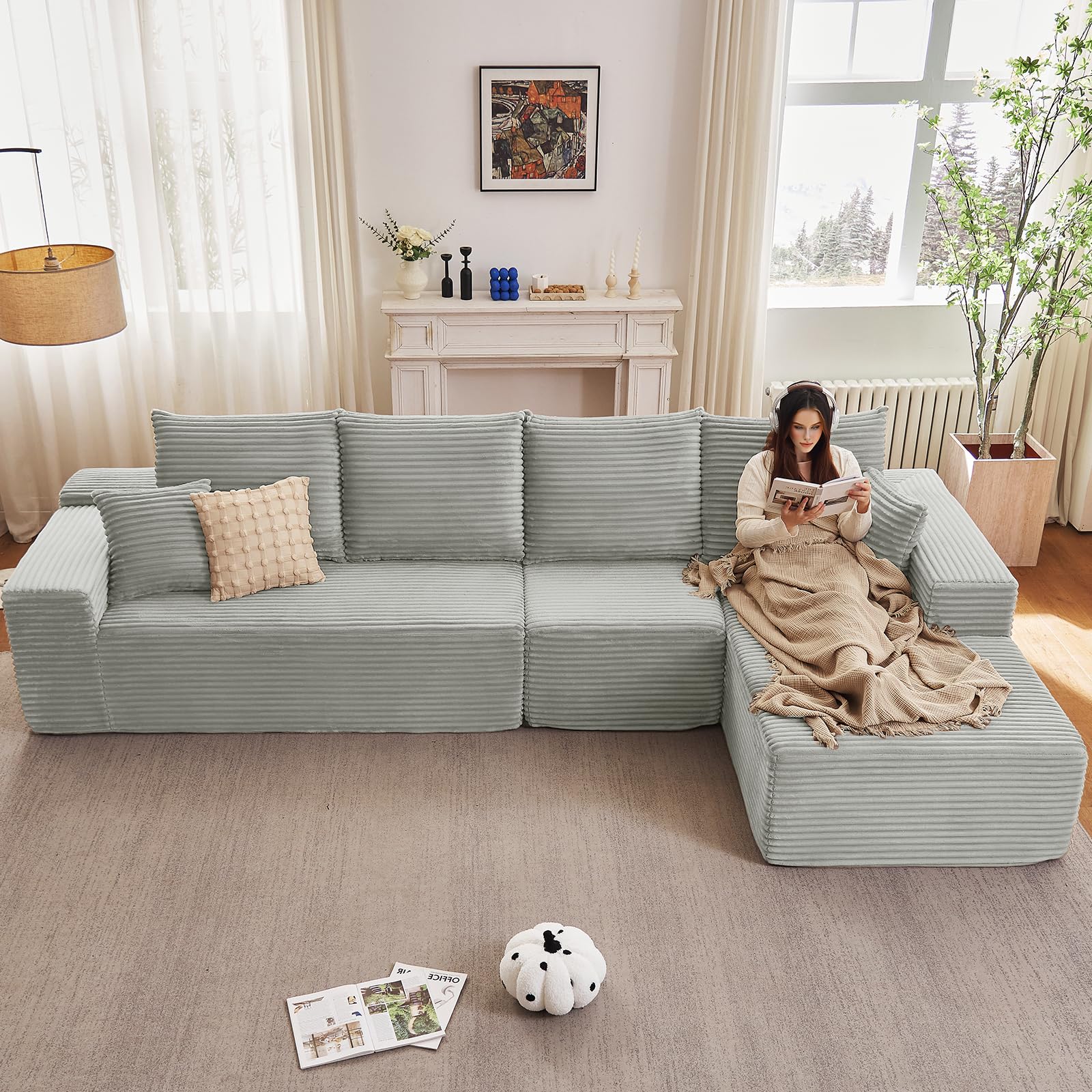 135.4" Modular Sectional Sofa, Modern Corduroy Cloud Couch with Deep Seat, Boneless Couch Upholstered 4-Seater L-Shaped Sofa for Living Room, No Assembly Required (Grey, Right-Facing Chaise)