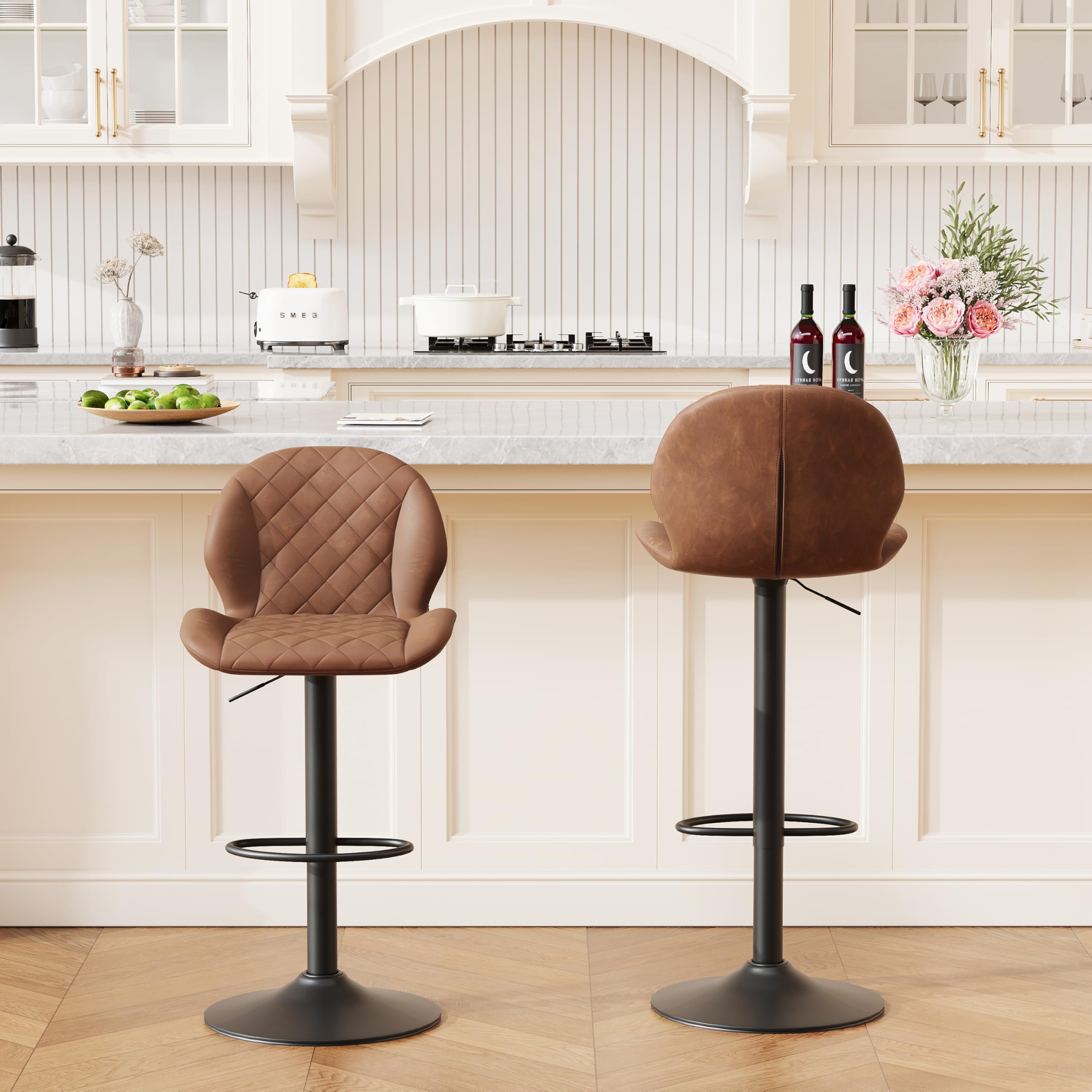 FIRAVOE Bar Stools Set of 2, Brown Swivel Bar Stools with Back, Adjustable Bar Stool 24"-33", Faux Leather Upholstered Bar Stool, Modern Counter