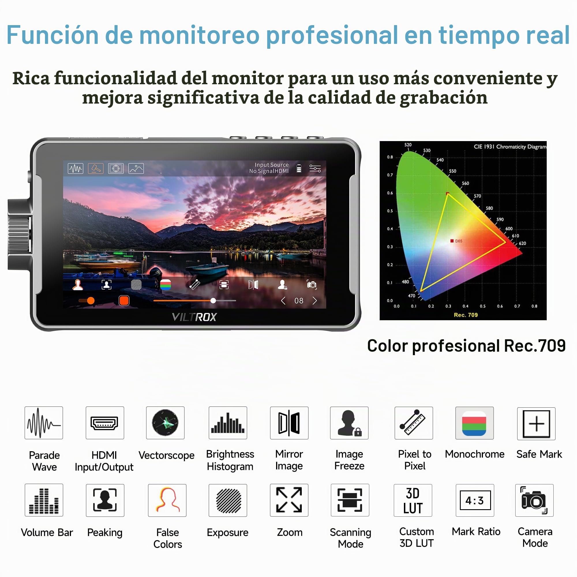 VILTROX DC-550 DSLR Monitor de cámara Pantalla táctil 5.5 Pulgadas 1200nits 1920x1080 HD 3D LUT 4K HDMI Entrada Salida Asistente de Enfoque de Video Monitor de cámara Externo con Parasol/batería