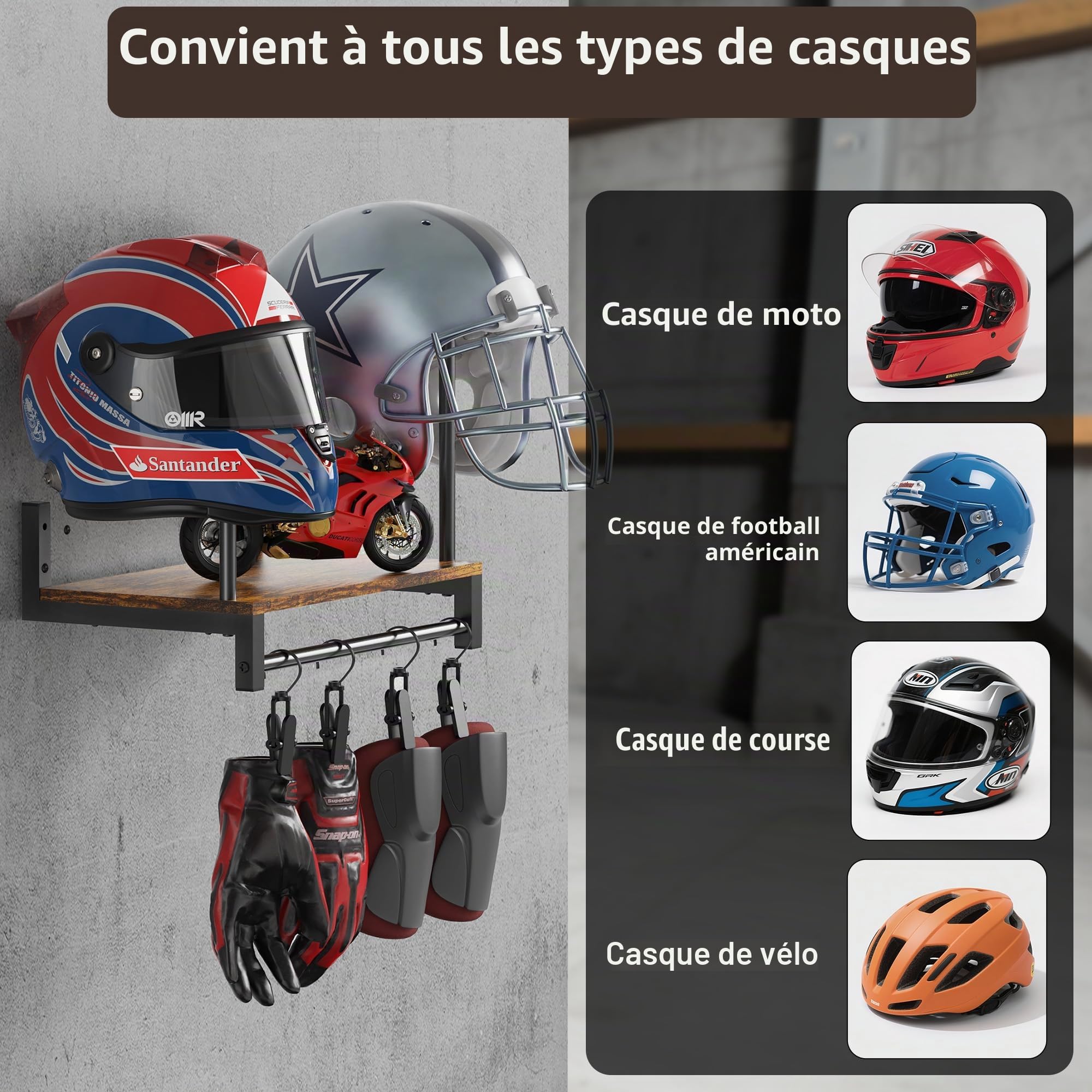 Porte Casque Moto Mural 2 Casques 4 Crochets Rangement Polyvalent Planches en Bois Marron Foncé