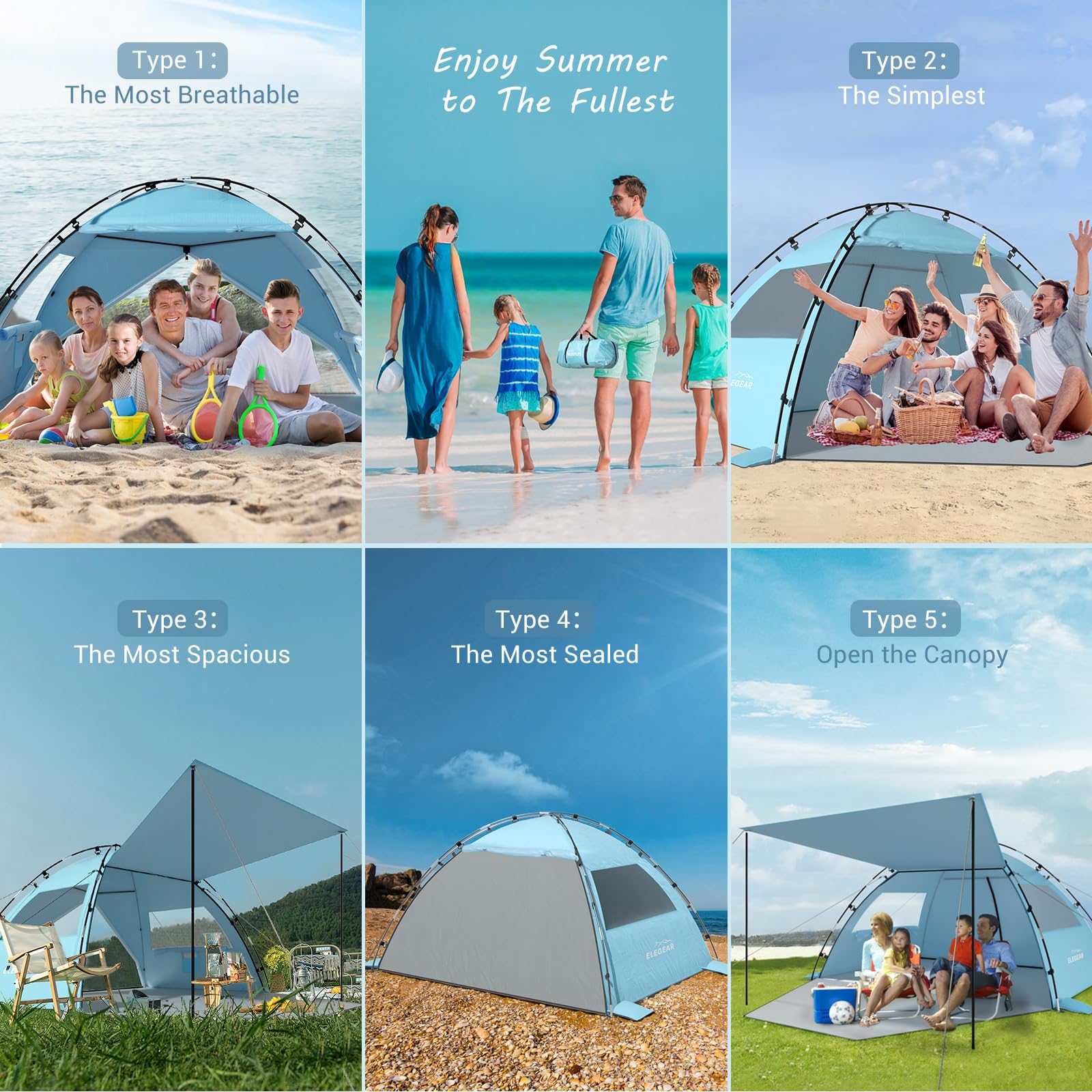 Elegear Namiot Plażowy Dla 6–8 Osób, Namiot Przeciwsłoneczny Z Bardzo Dużym Daszkiem, Ochrona UV UPF 50+, Parasol Plażowy Z Rozkładaną Werandą, Przenośny I Łatwy W Montażu Na Plażę, Niebieski