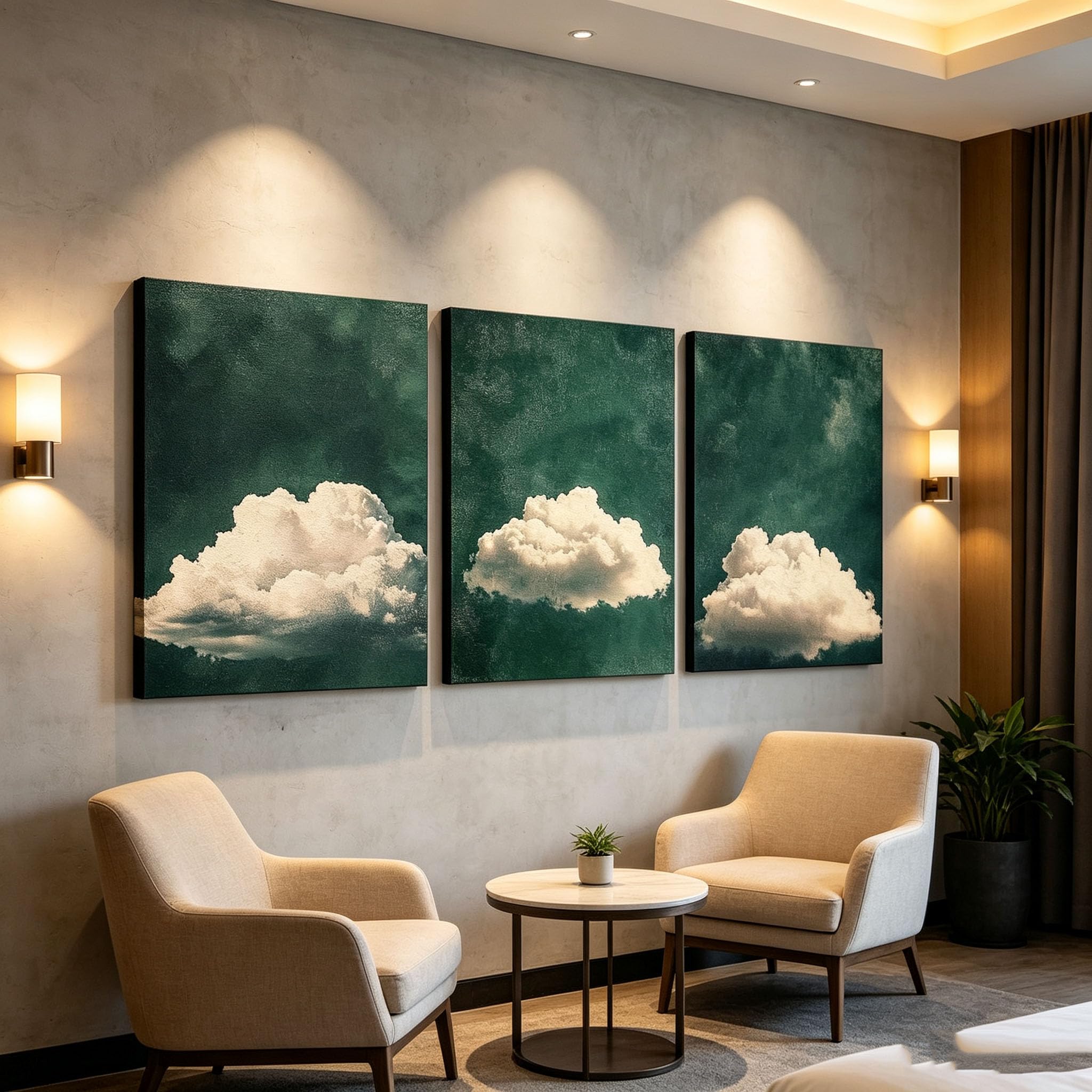 ZPDHBXMV Ensemble de 3 tableaux sur toile représentant des olives vertes flottant dans le ciel avec des nuages blancs, style bohème minimaliste et moderne pour le salon (55 x 75 cm x 3 / avec cadre)