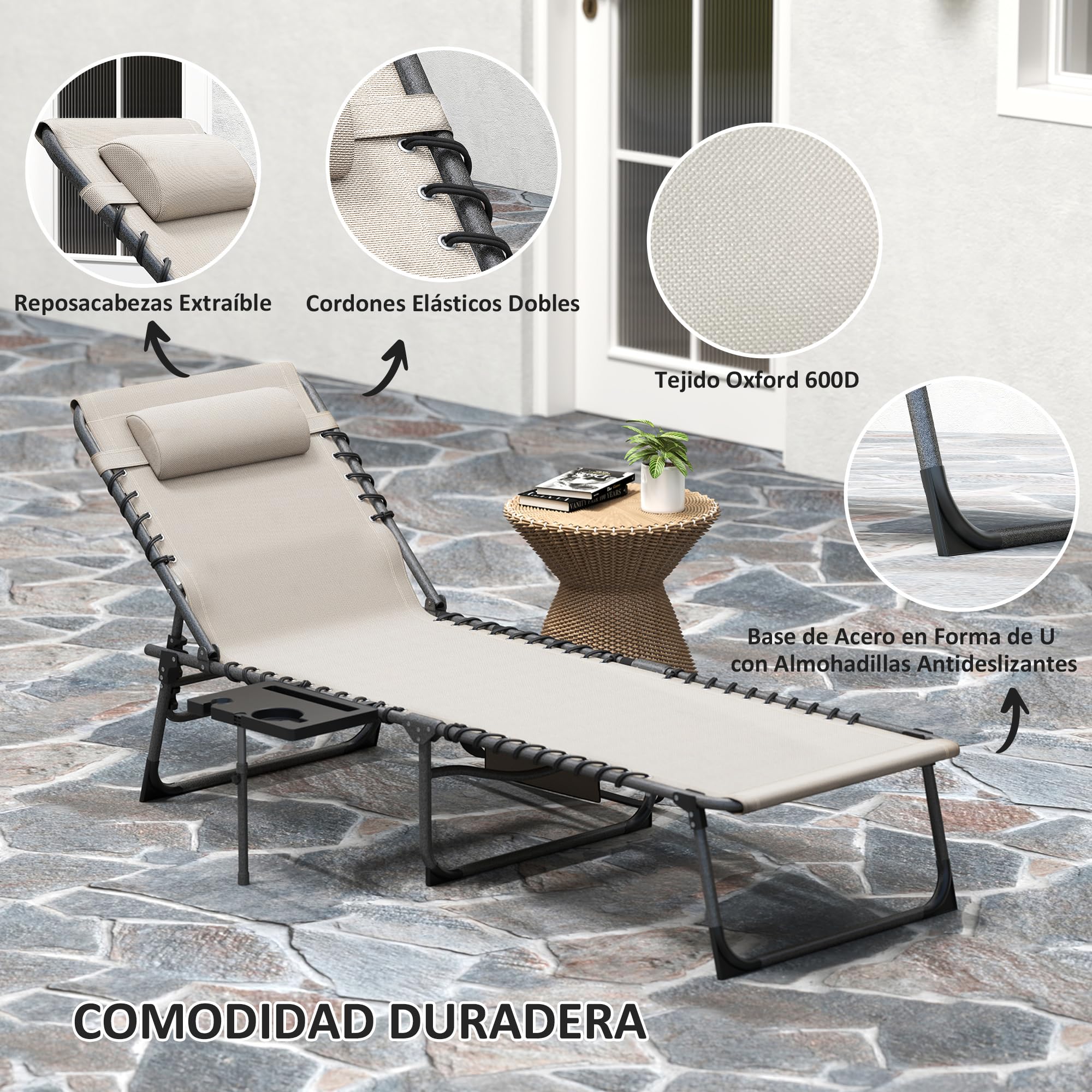 Outsunny Tumbona Plegable, Tumbona Jardín Exterior con Respaldo Ajustable, Reposacabezas, Bolsillo Lateral, Bandeja y Estructura de Acero, Carga 120 kg para Terraza Piscina Playa, 190x60x31 cm, Crema