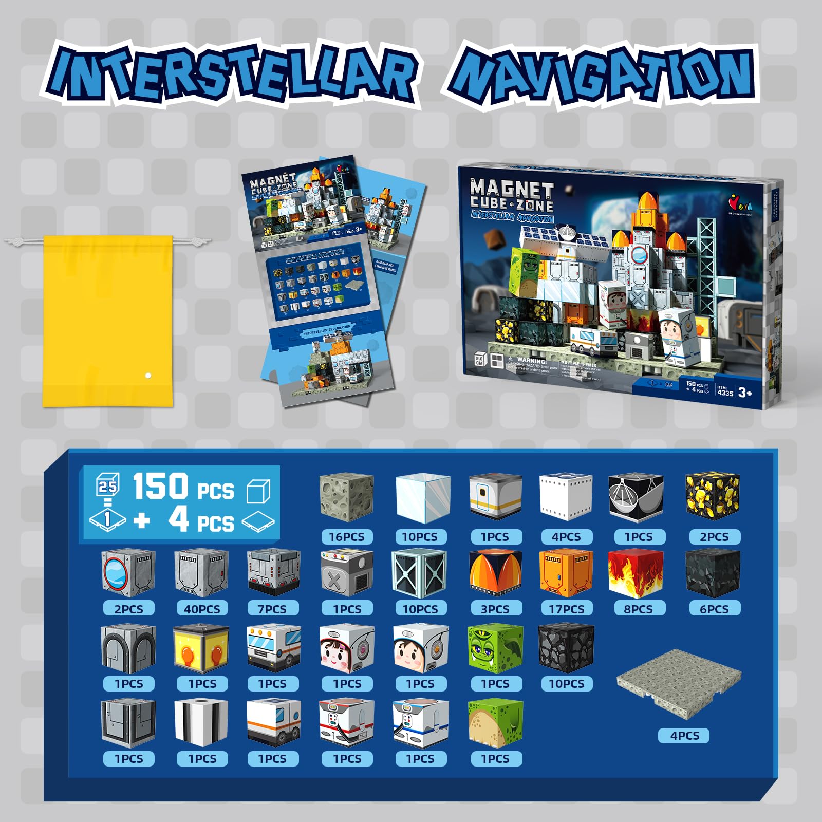Bloques magnéticos espaciales de 150 piezas | Juguetes educativos STEM para niños mayores de 3 años, juego de construcción apilable creativo con cubos magnéticos de 0,8 pulgadas