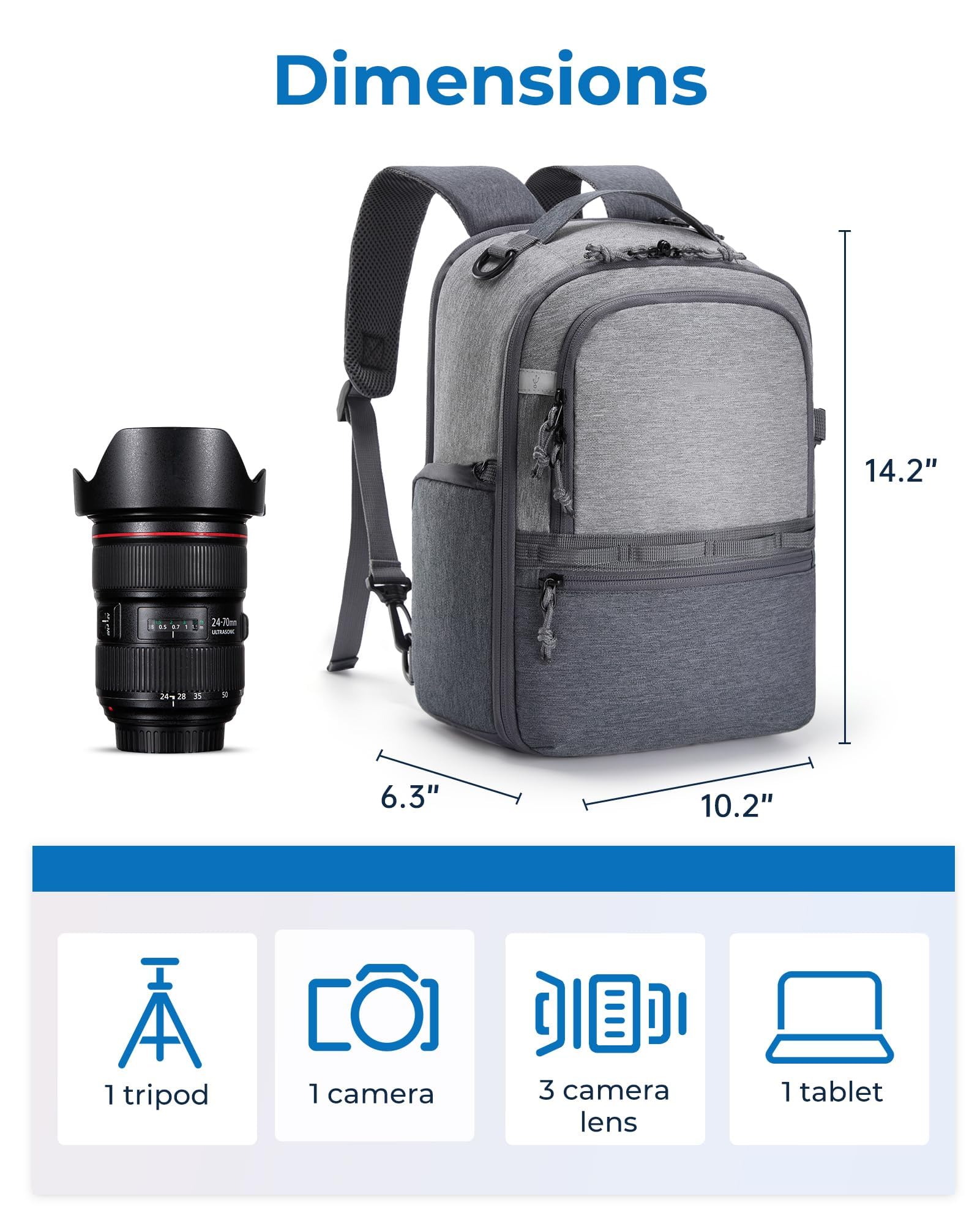 Kompakter 2-in-1 Kamerarucksack für Fotografen, kompatibel mit Sony Canon Nikon DSLR Kameras und 12,9 Zoll Tablet, umwandelbar in Umhängetasche für vielseitige Reisen, Beige, grau, L, Casual