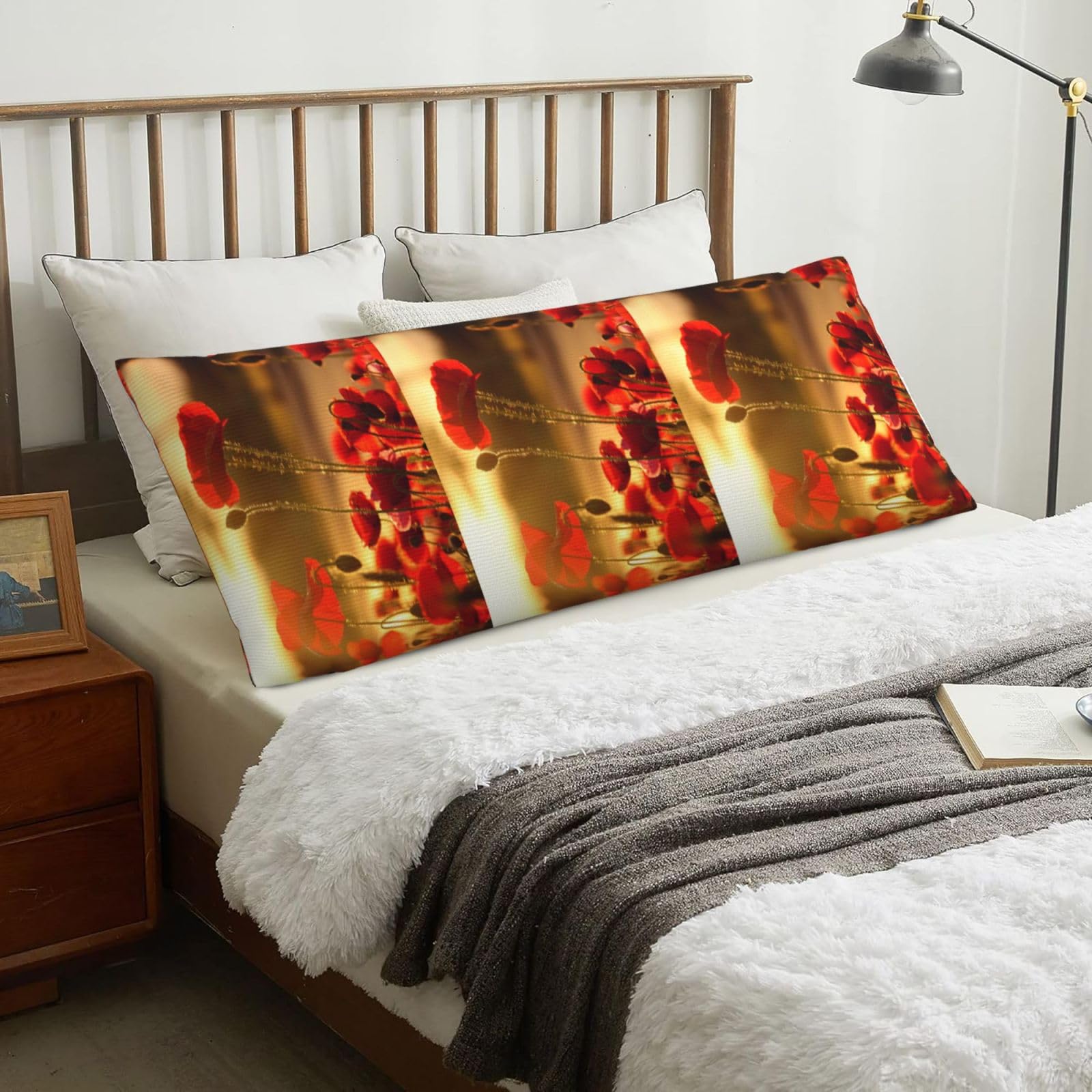 Poppy Flower, Body Pillow Cover with Zipper,Long Body Pillowcase 20 x 60 in