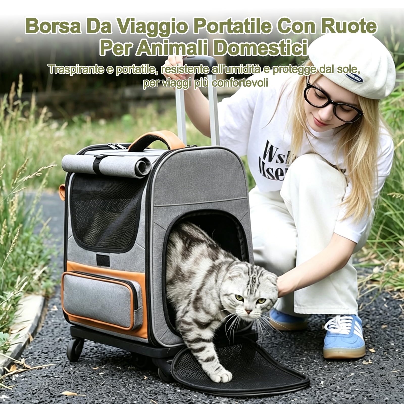 Galatée Trasportino per animali domestici con ruote, in tessuto Oxford, da trainare, 3 in 1 con maniglia estraibile/maniglia/trasportabile a spalla, design a prova di fuga（Grigio）