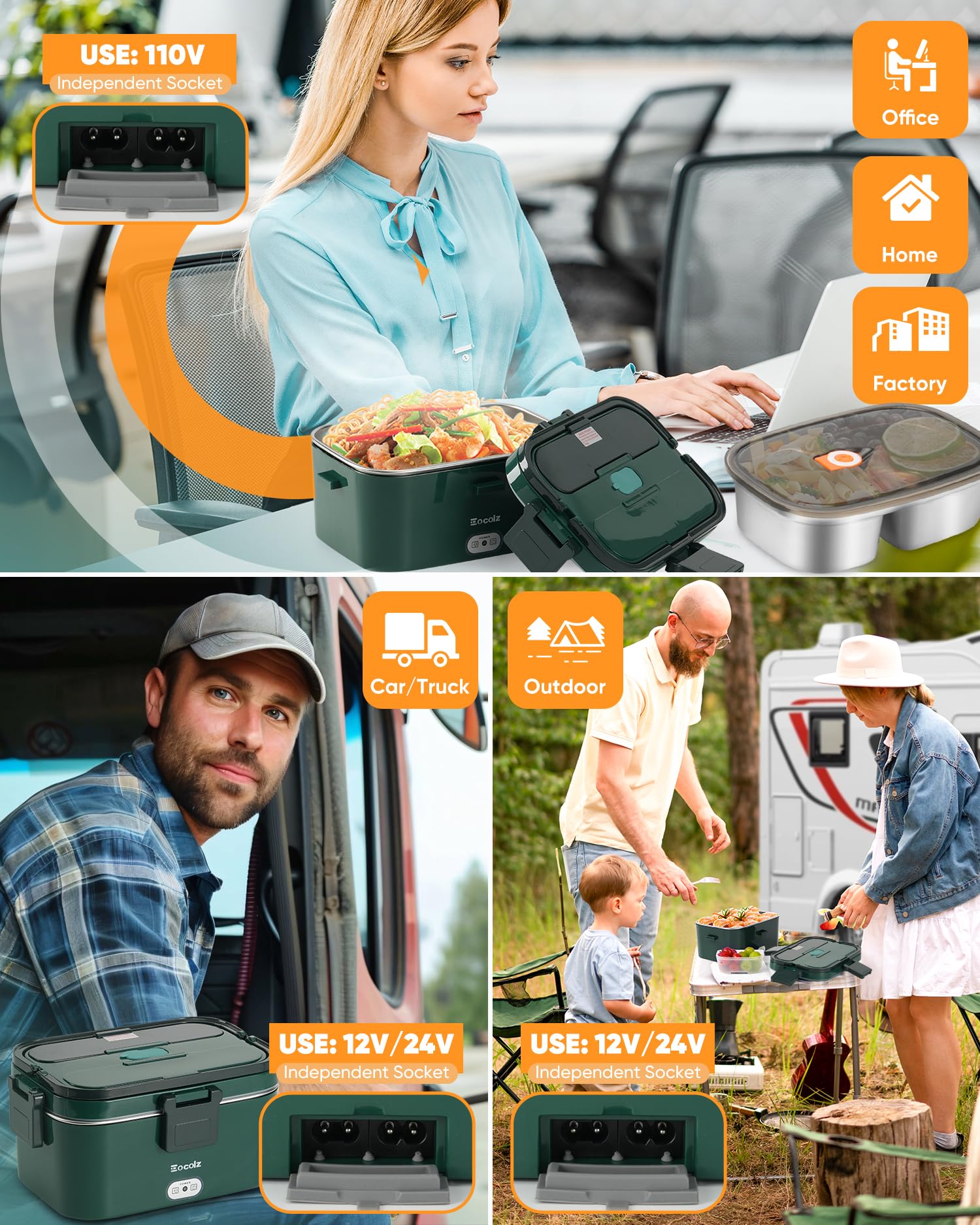 Eocolz Lonchera Eléctrica Boîte à déjeuner électrique 100 W avec double récipient de 1,8 l pour voiture, camion, travail fourchette et cuillère en acier inoxydable 12/24/110 V pour adultes (green)