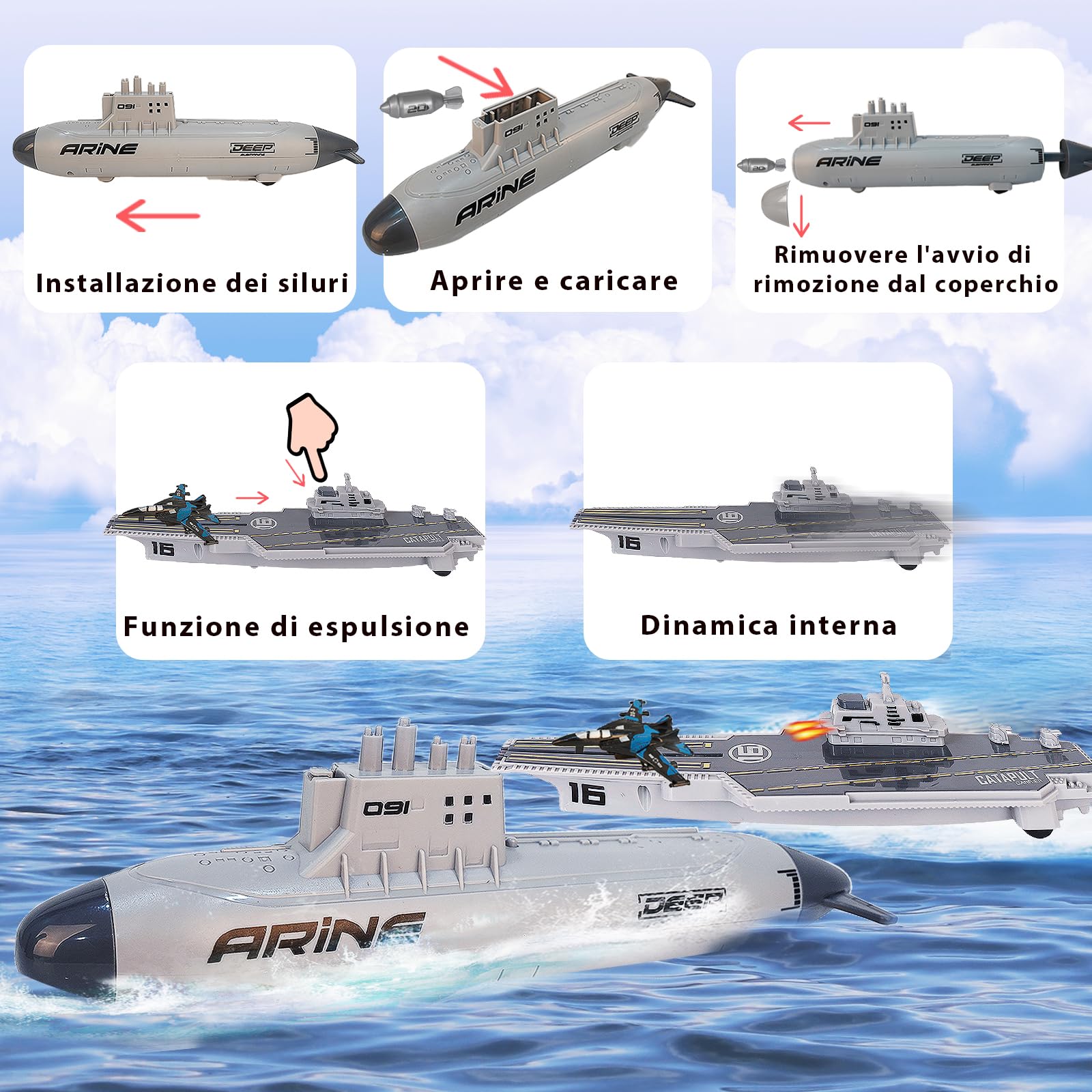 VBACALA Kit di Portaerei per Bambini-con Aereo Corazzato a Ripiego, U-Boat e Navi da Guerra,Set Giocattoli Militari Navali Appassionati di Storia Militare per Bambini 3+ Anni