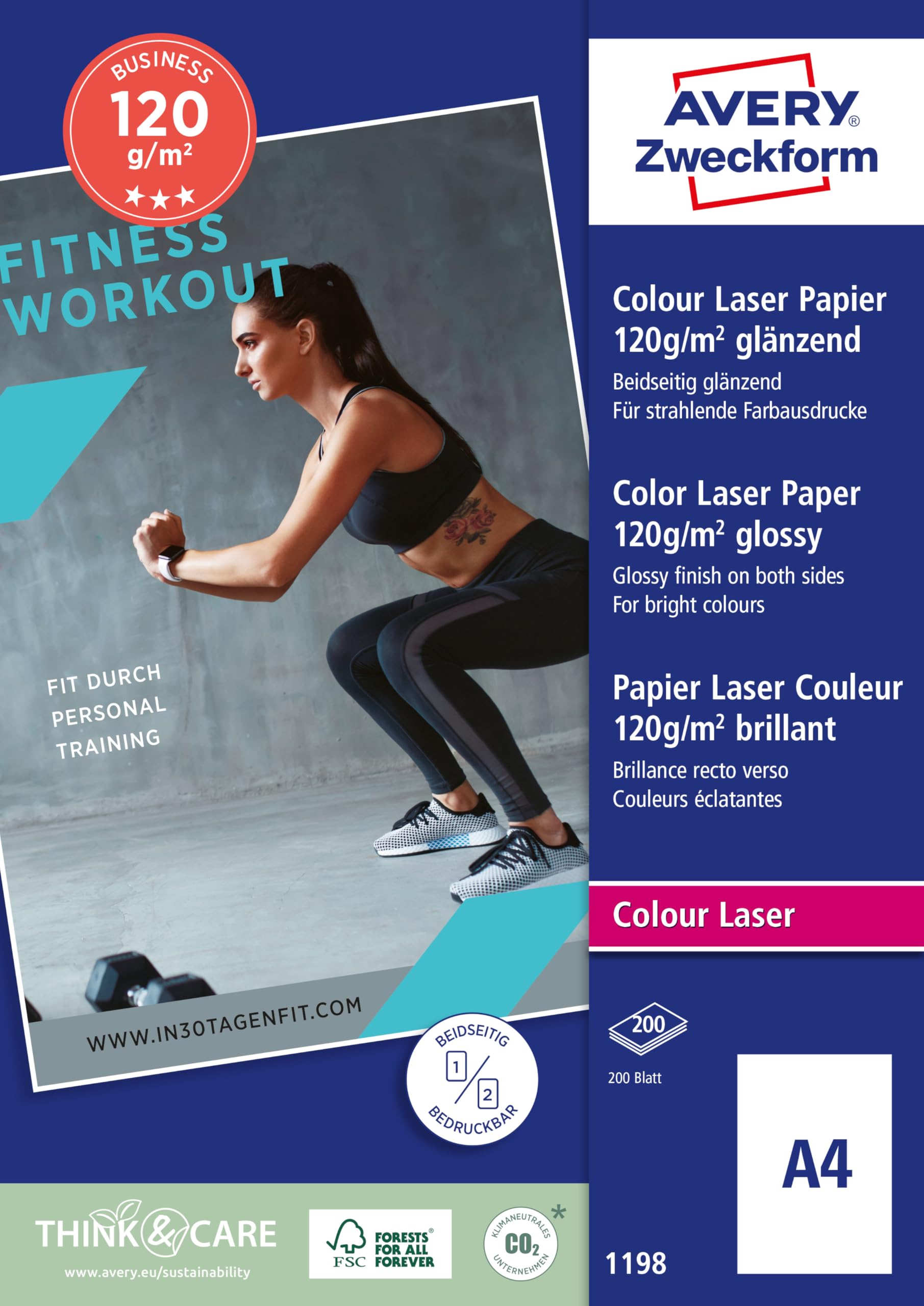 Avery Zweckform Art. 1198 Business Colour Laser Papier (200 Blatt, 120 g/m², DIN A4, glänzendes Druckerpapier, beidseitig beschichtet, wischfest, Flyerpapier für Laser-Drucker & Kopierer) weiß