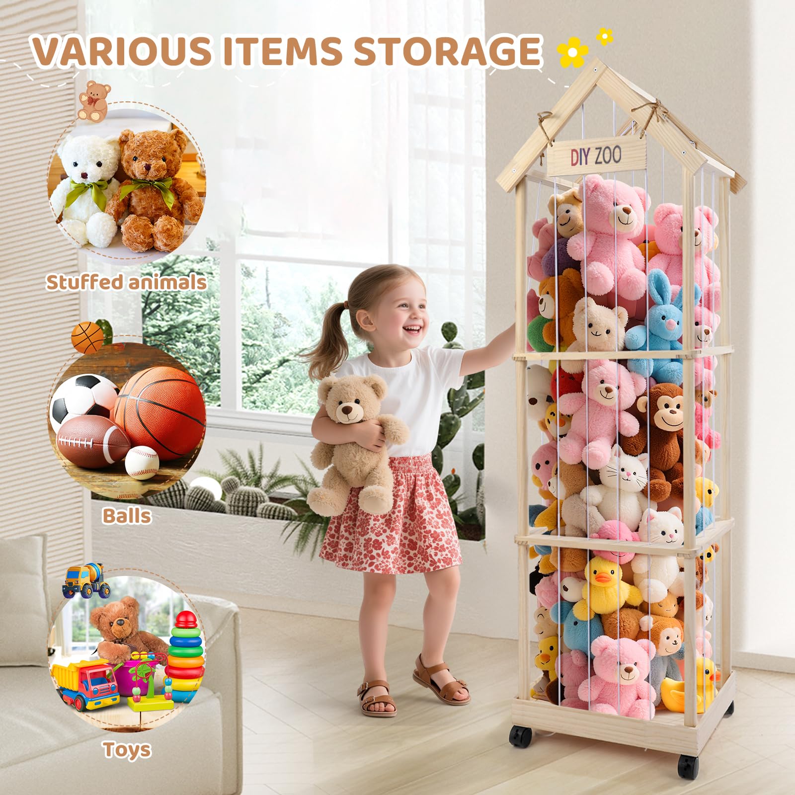 Contenitore per Animali di Peluche, 146x47x35CM con Ruote Girevoli Bloccabili a 360 Gradi per Cameretta dei Bambini, Soggiorno, Cameretta dei Bambini