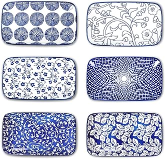 Selamica Rectangular Salad Plates, 7.1 Inch Dessert Plates Ceramic, Small Plates for Appetizer, Snack, Sushi, Fruit, Set of 6, Vintage Blue