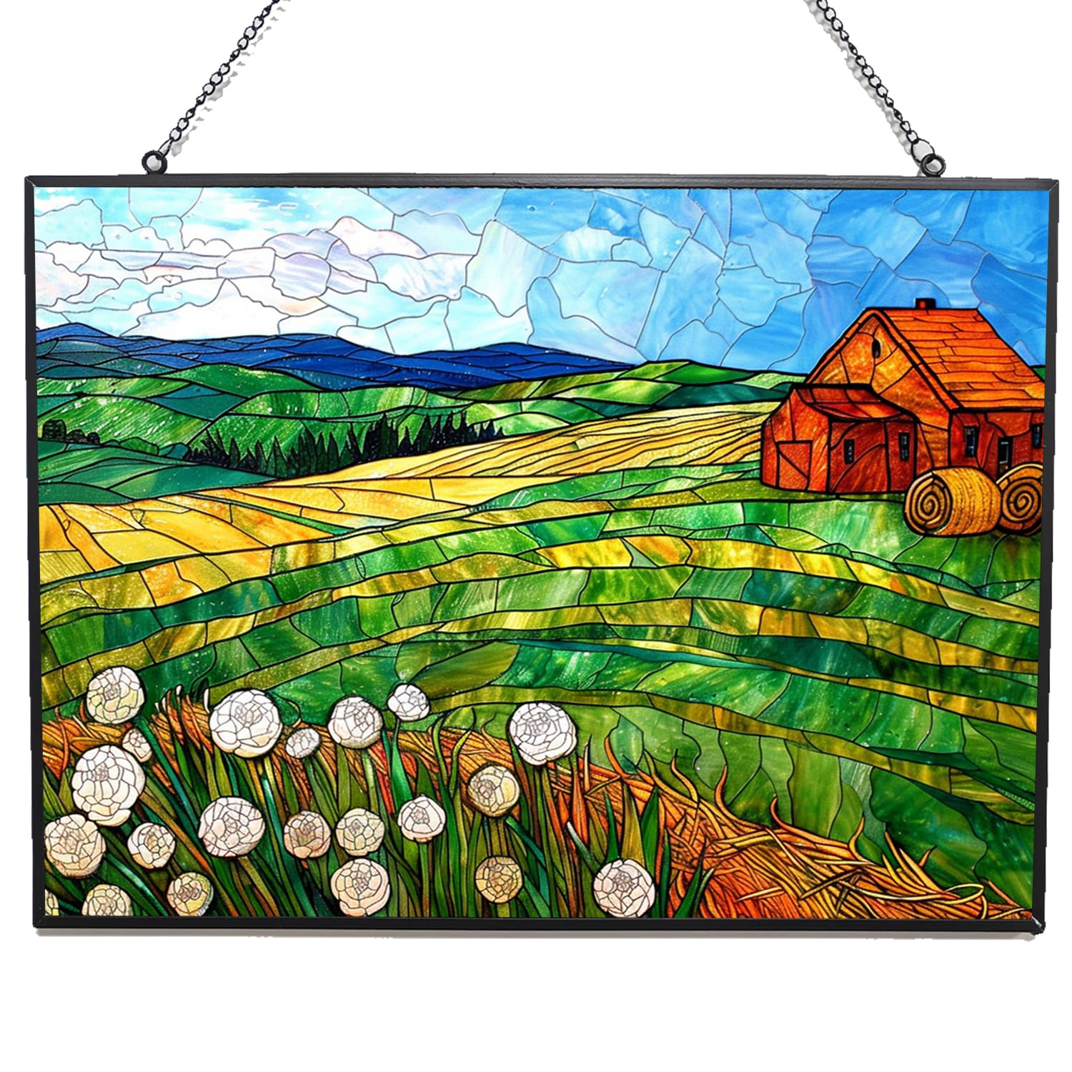 365CUSGIFTS Customized Rectangle Vintage Wheat Field Stained Glass Suncatcher Window Hangings, Stained Glass Panel Sun Catchers Gifts Home Decor Garden Christmas Halloween Wedding
