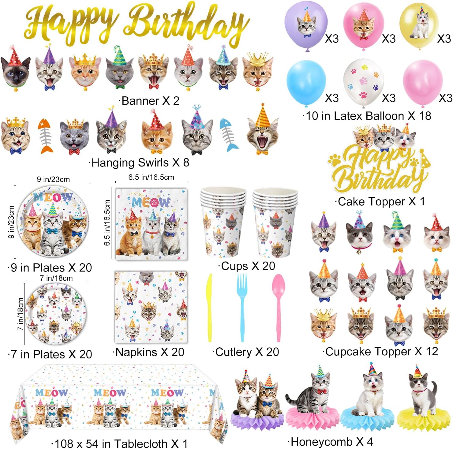 Cat Birthday Decorations Party Supplies Kit, Plates, Napkins, Cups, Cutlery, Banner, Hanging Swirls, Honeycomb Centerpieces, Balloons, Tablecloths for Cat Themed Birthday Party Decorations, Serves 20