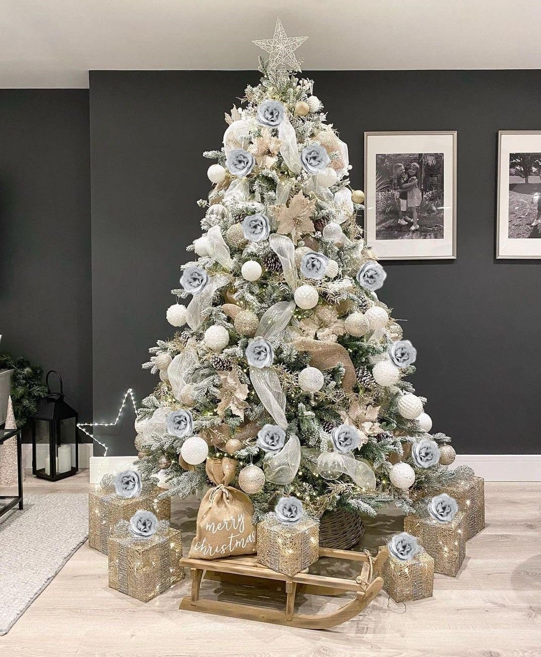 Glitter Roses Bouquet,30PCS Silver Roses Fake Roses Artificial Flowers for Wedding Bouquet Party Christmas Home Decor(Silver)