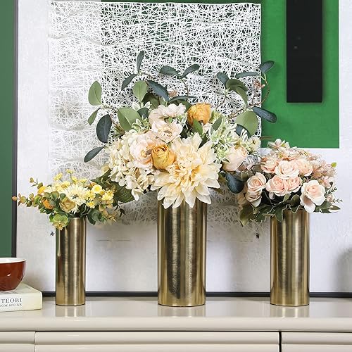 Miniatura 5 de MyGift Juego de 3 jarrones cilíndricos de metal de tono latón, grandes, medianos y pequeños, hechos a mano en la India