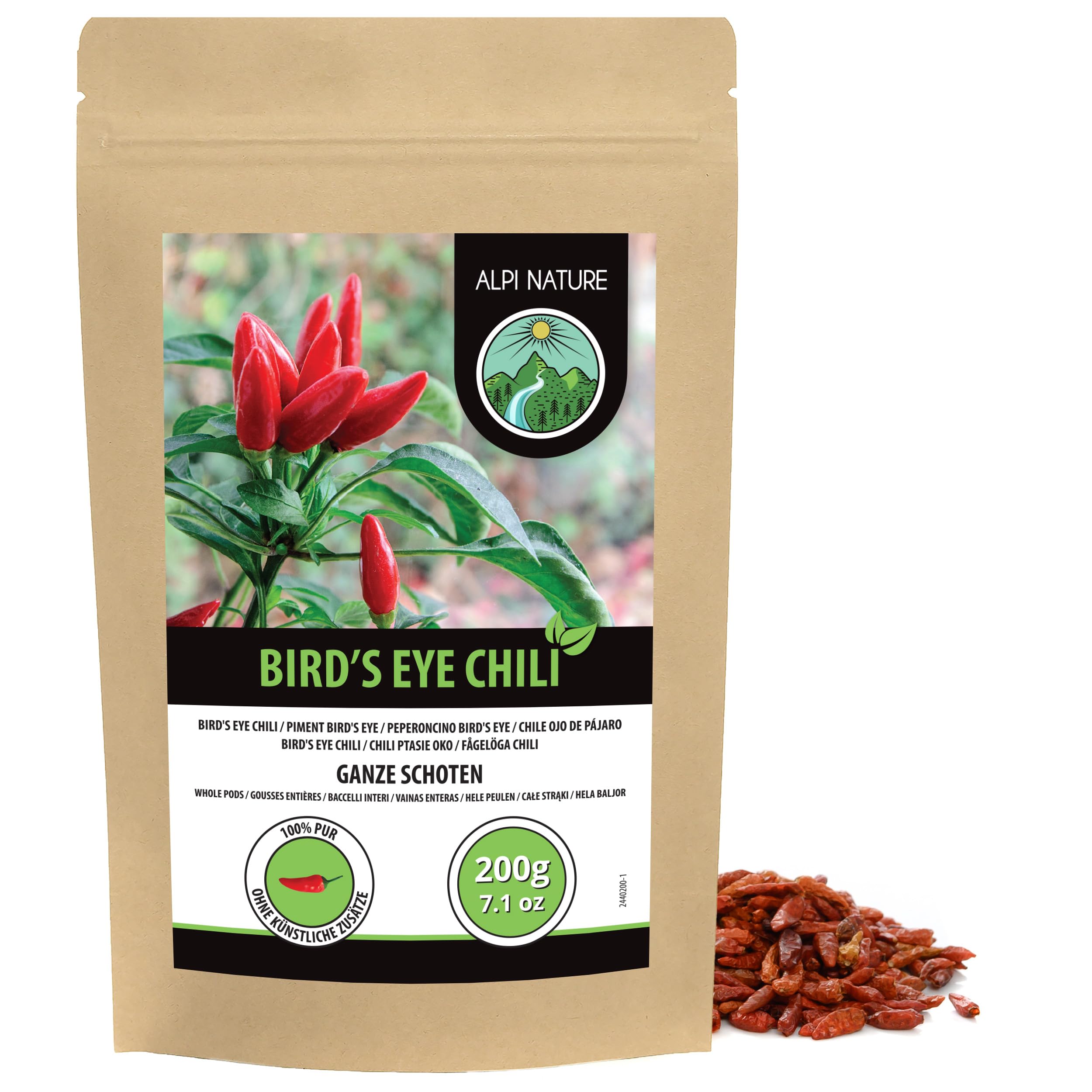 Alpi Nature Papryczki Chili Bird’s Eye Całe 200g, Całe Ostre Papryczki Chili Bird’s Eye 10–30 mm