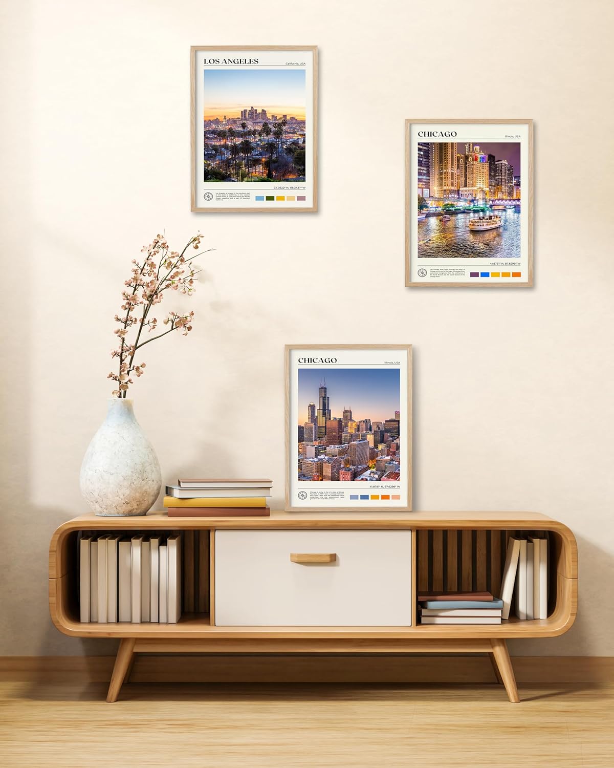 HesenDot Natural OAK Wood Los Angeles Cityscape Framed Wall Art,12x16in City Skyline Canvas Wall Print,Modern Urban Landmark Wall Decor for Living Room,Bedroom,Office Gallery Gifts Set of 1