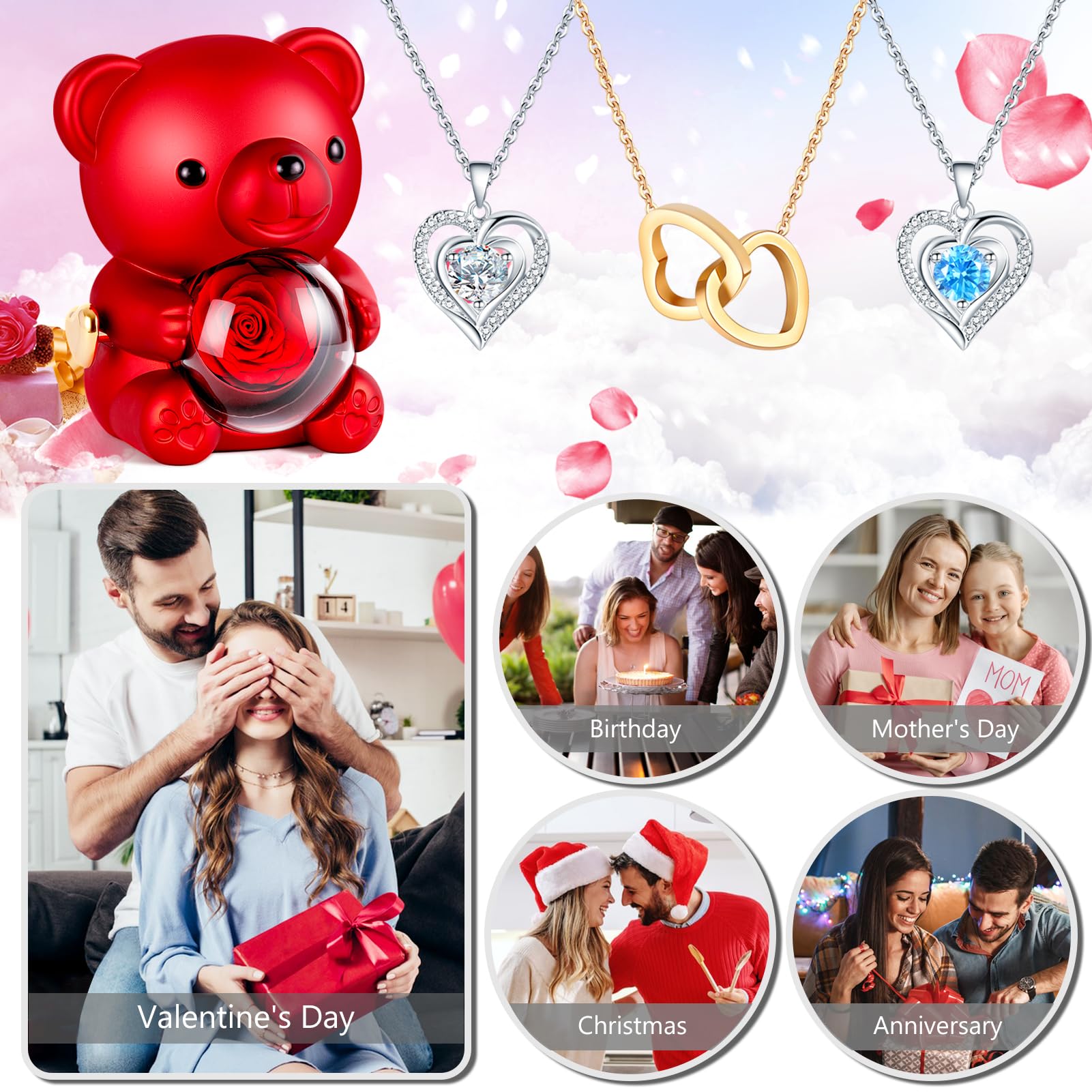 Oso Rosa Preservada con Collar de Corazón, Oso con Rosa Caja de Regalo, Regalo San Valentin Mujer, Regalo para Novia,Navidad Mujer, Cumpleaños
