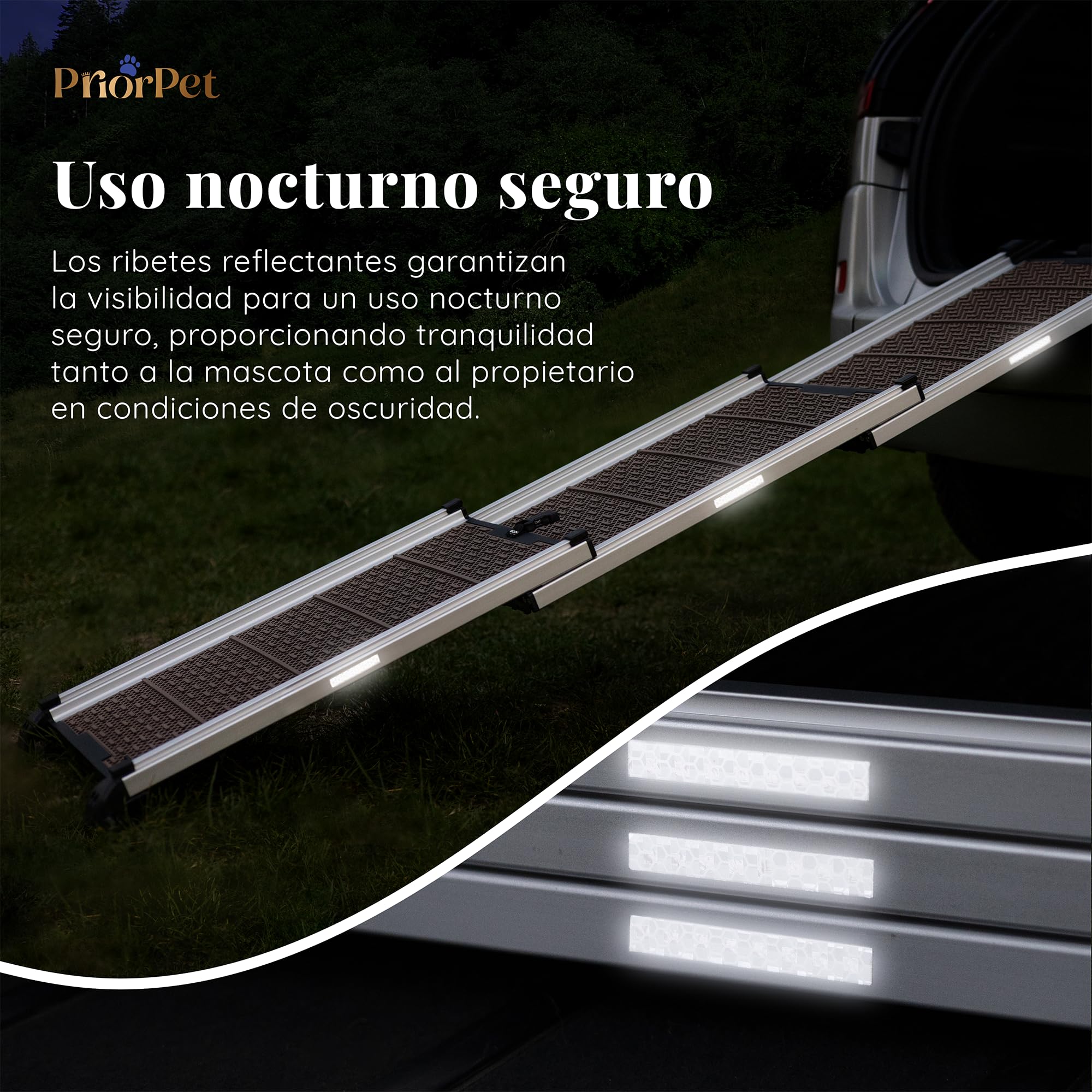 Rampa para Perros para Coche - Estable - Antideslizante - 90 kg de Capacidad - Rampas Extensibles para Perros Grandes - Laterales Reflectantes - Escalera Ligera para Perros - Clip de fijación - Arena