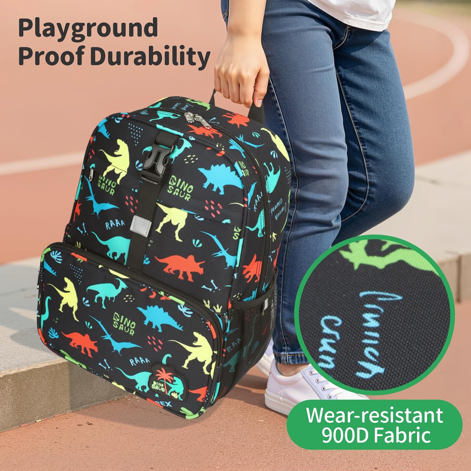 Kids Backpack for Boys - 15 Inch Dinosaur Backpack for Kids Age 4-7, Preschool Kindergarten Elementary 1st Grade Schoool Backpack with Reflective Stripe, Black Dinosaur