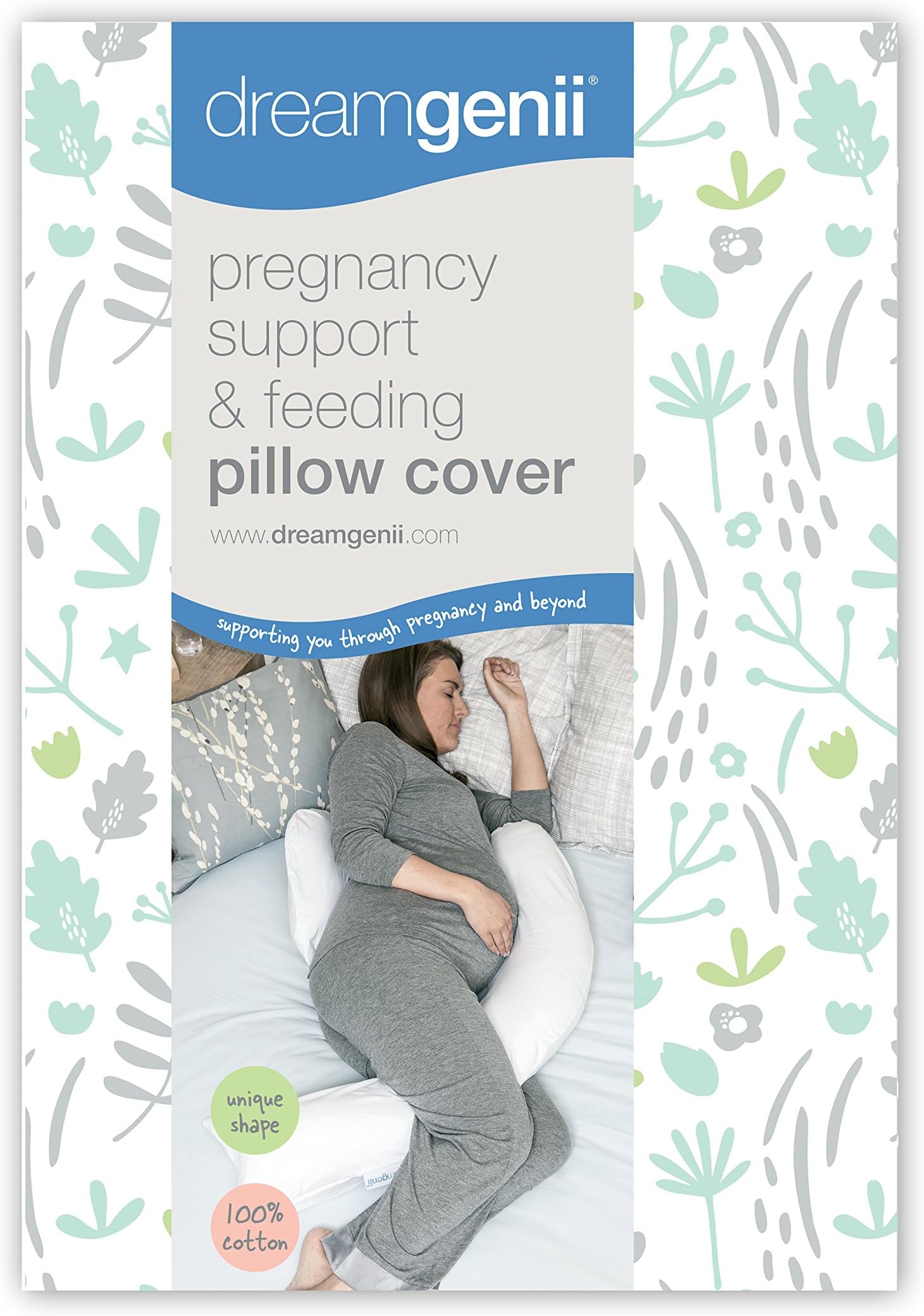 DreamGenii Pregnancy Support and Feeding Pillow Cover, Nature Cotton Grey/Green