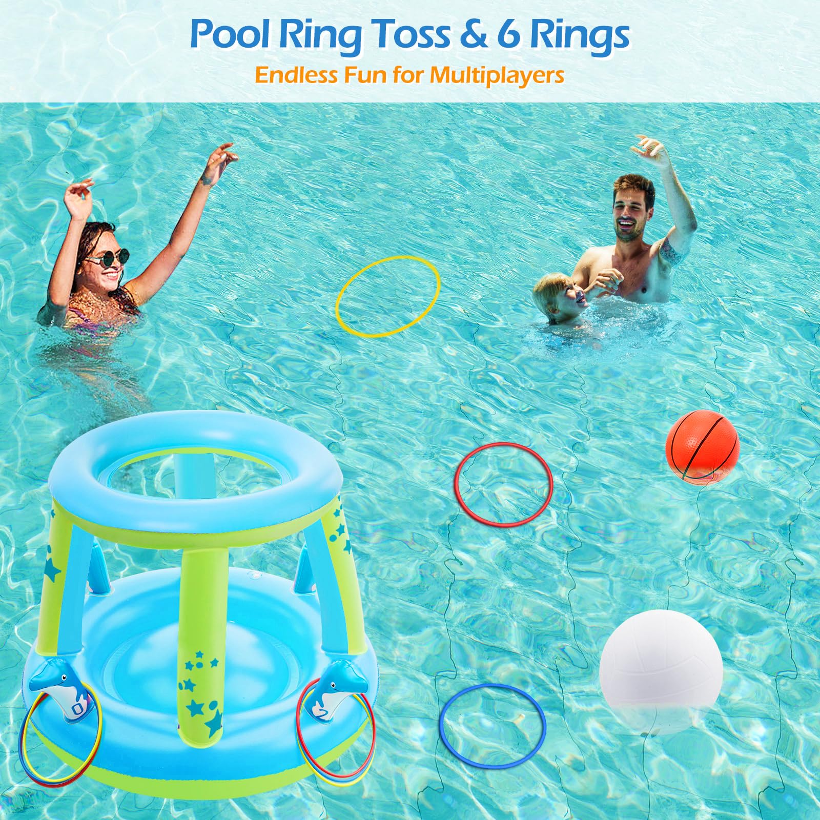 Jasonwell Ensemble de jeux de piscine - 3 en 1 : filet de volleyball, panier de basketball, jeu de bagues à suspendre, flotteurs gonflables, volleyball flottant, jeux d’eau pour piscine, fête, cadeau