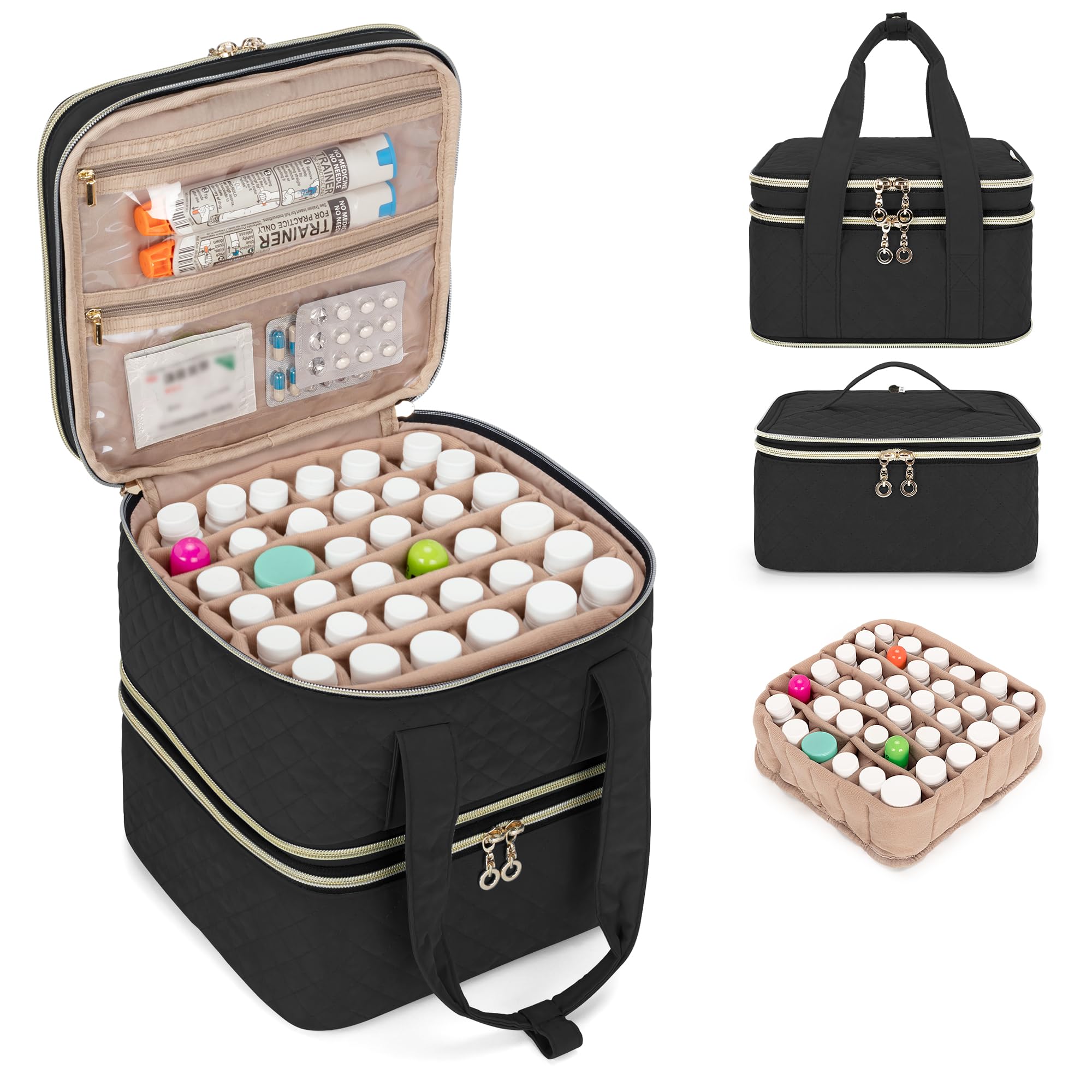 Yarwo Pill Bottle Organizer Storage Bag 3 Layers Medicine Travel Case Empty with Demountable Design and Dividers for